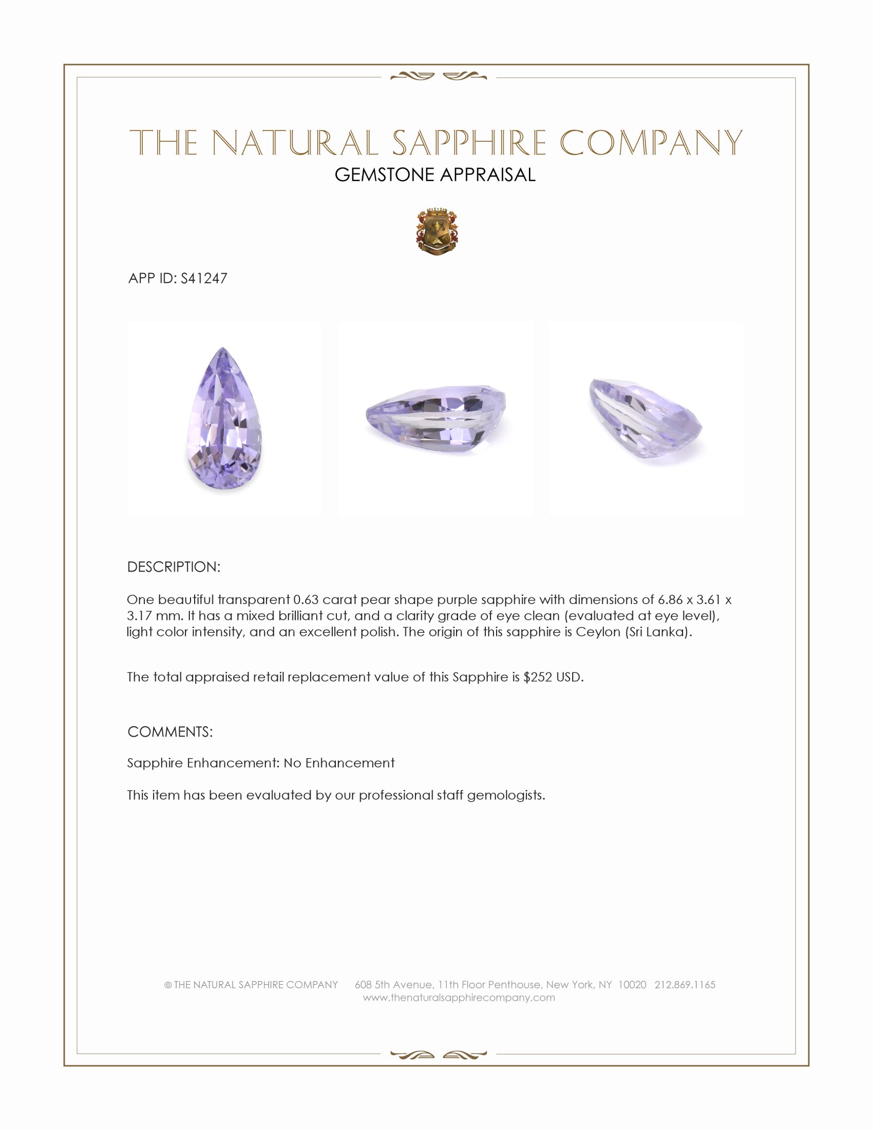 0.63 Ct. Purple Sapphire from Ceylon (Sri Lanka)