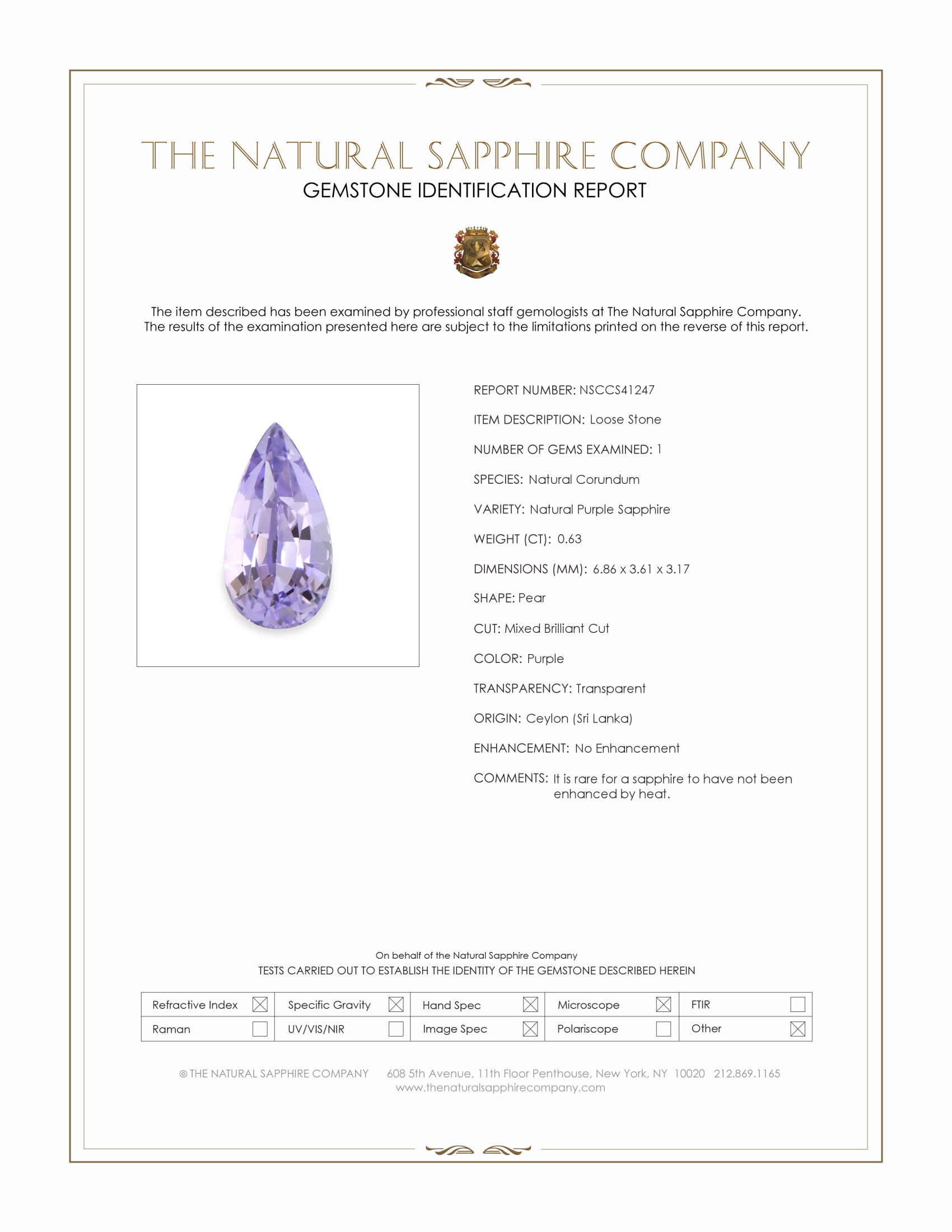 0.63 Ct. Purple Sapphire from Ceylon (Sri Lanka)