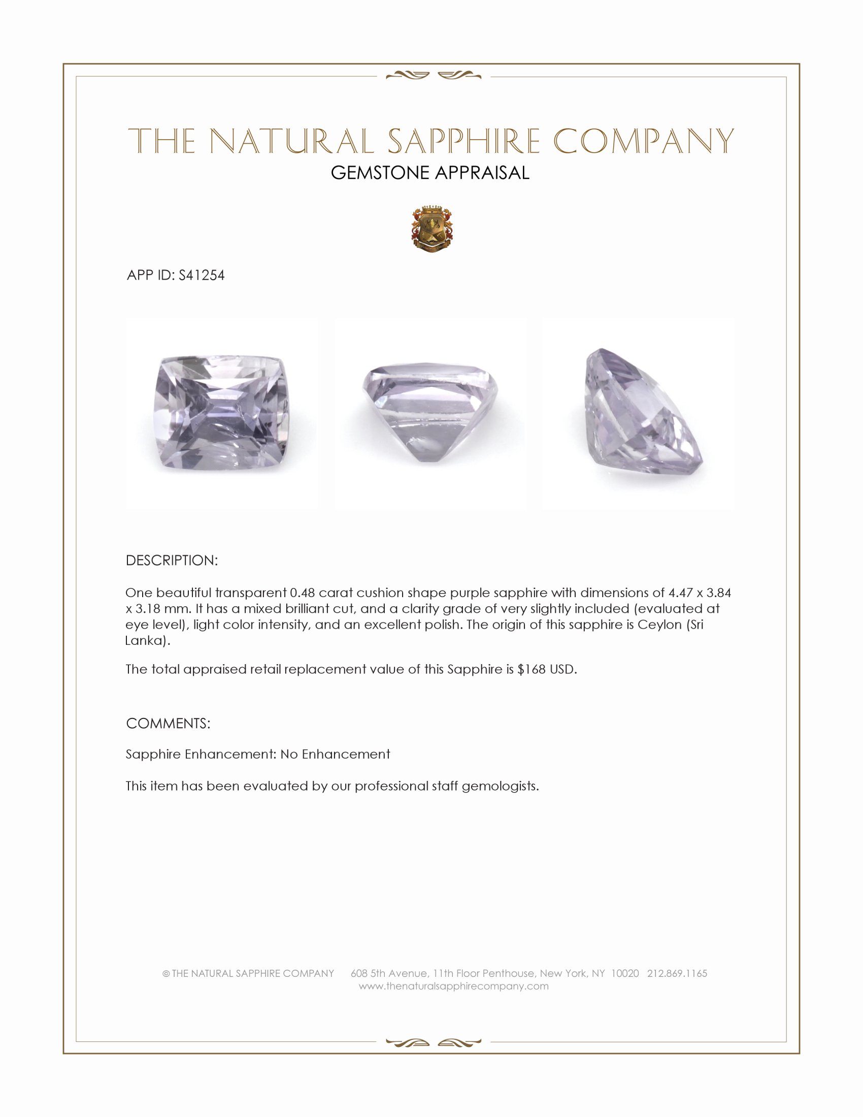 0.48 Ct. Purple Sapphire from Ceylon (Sri Lanka)