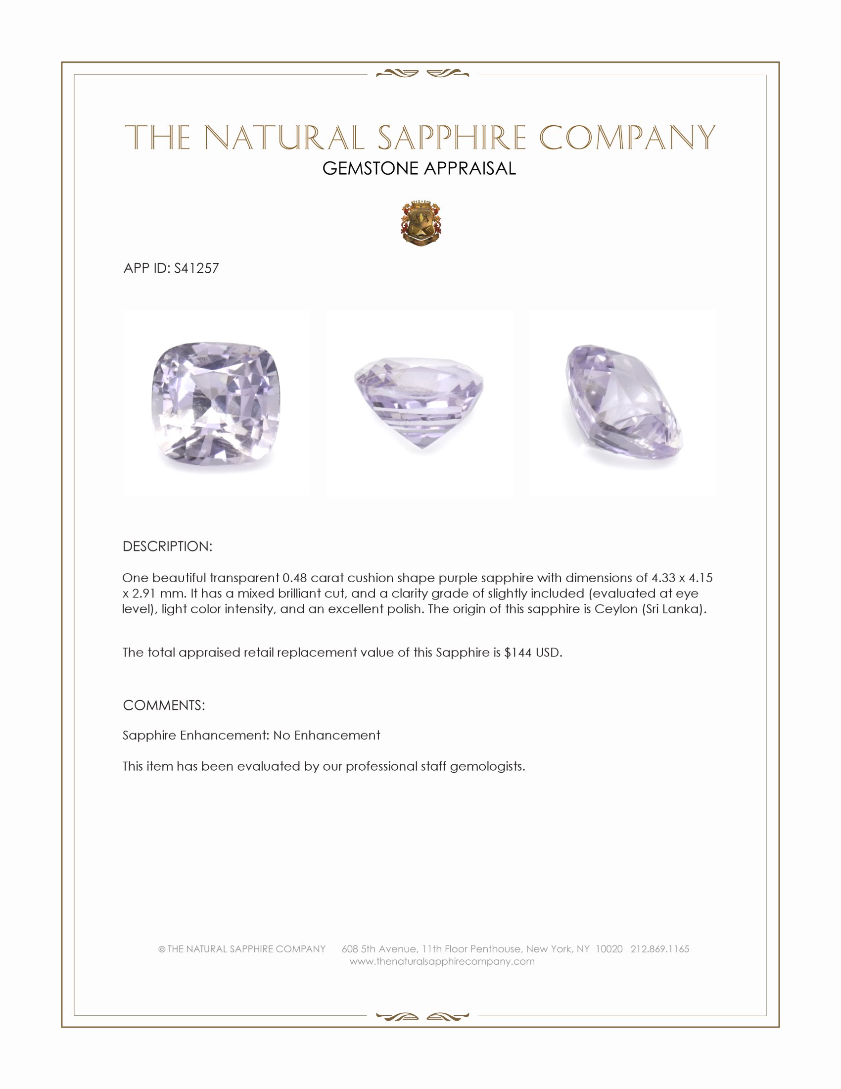 0.48 Ct. Purple Sapphire from Ceylon (Sri Lanka)