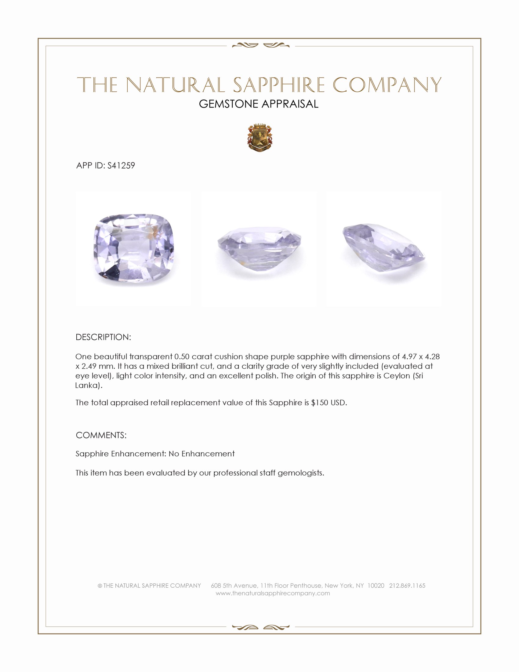 0.50 Ct. Purple Sapphire from Ceylon (Sri Lanka)