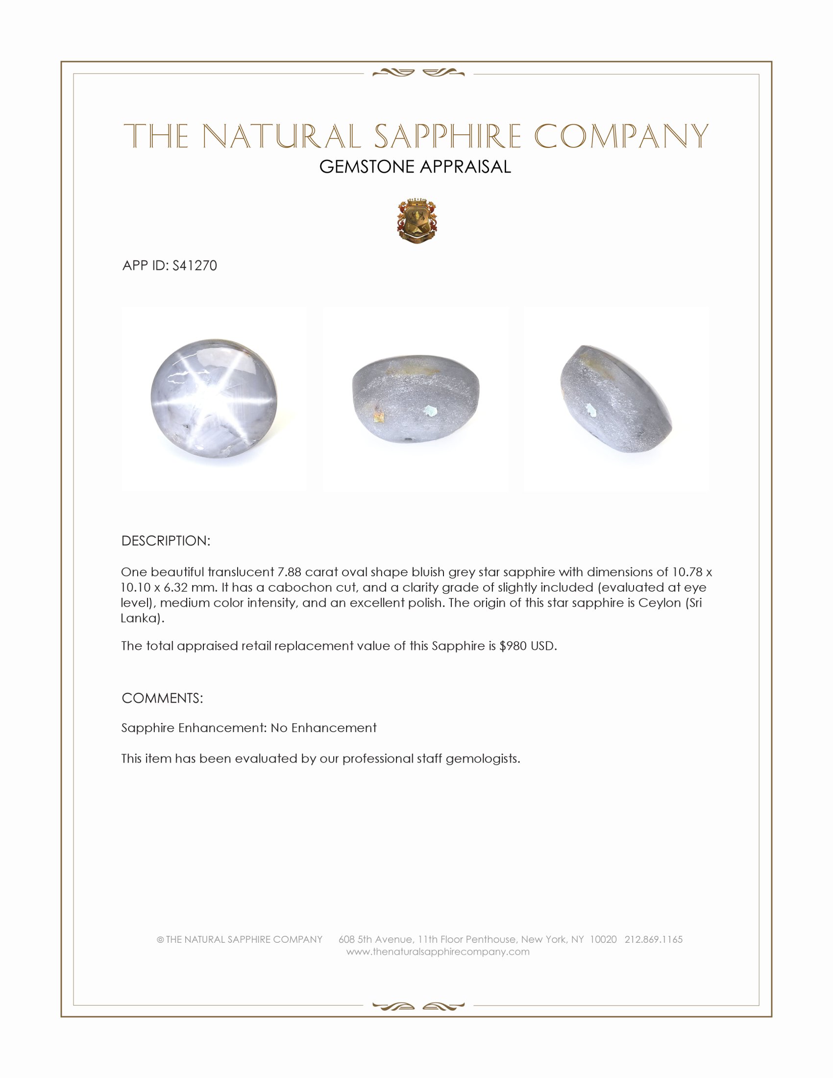 7.88 Ct. Bluish Grey Star Sapphire from Ceylon (Sri Lanka)