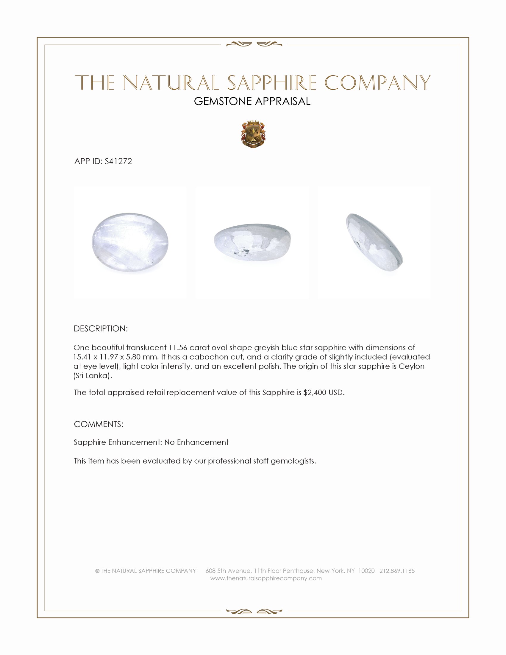 11.56 Ct. Greyish Blue Star Sapphire from Ceylon (Sri Lanka)