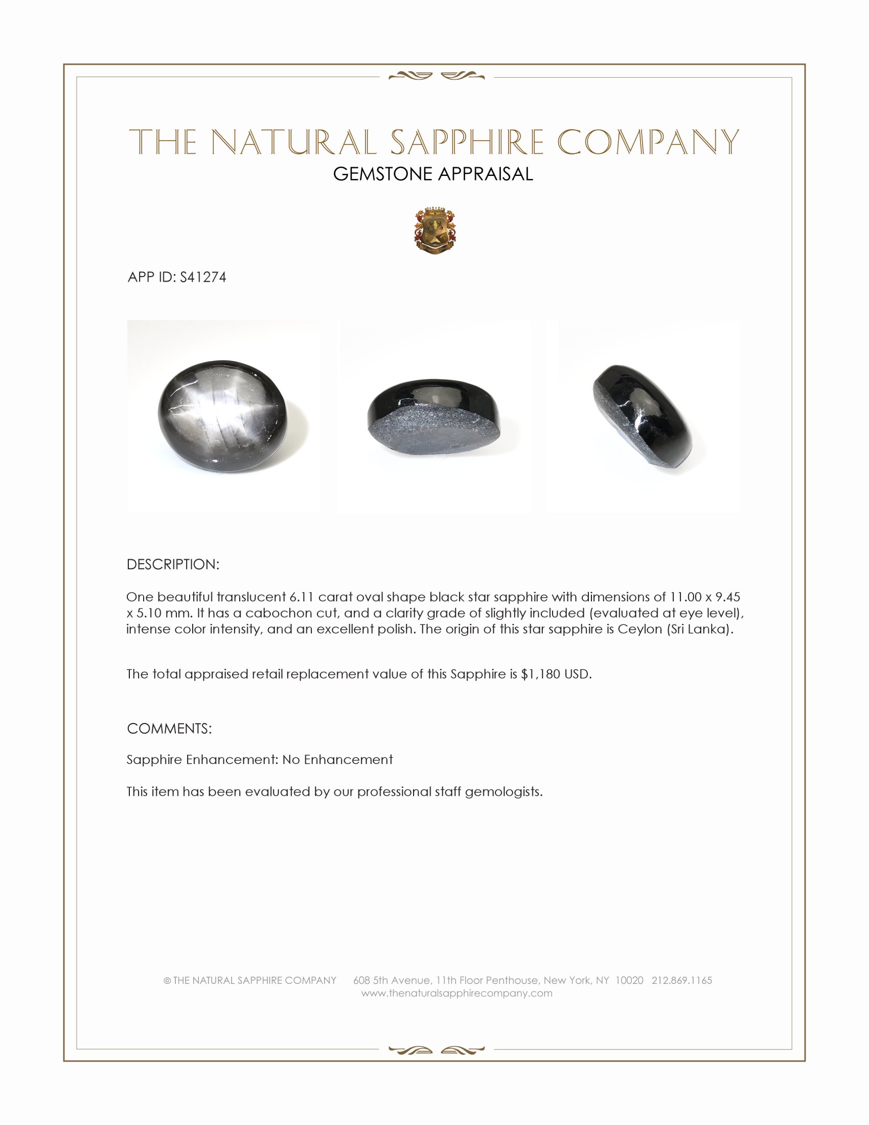 6.11 Ct. Black Star Sapphire from Ceylon (Sri Lanka)