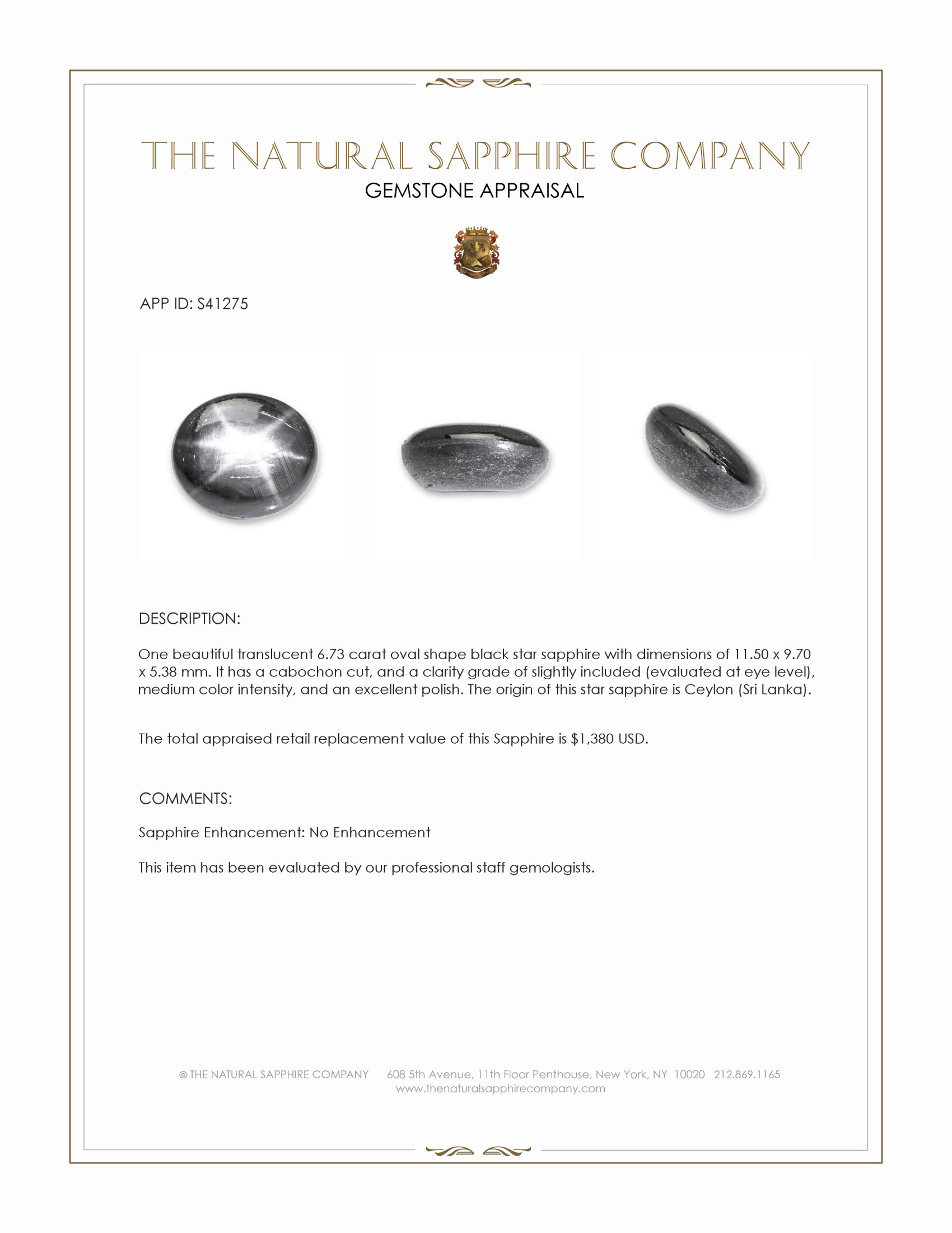 6.73 Ct. Black Star Sapphire from Ceylon (Sri Lanka)