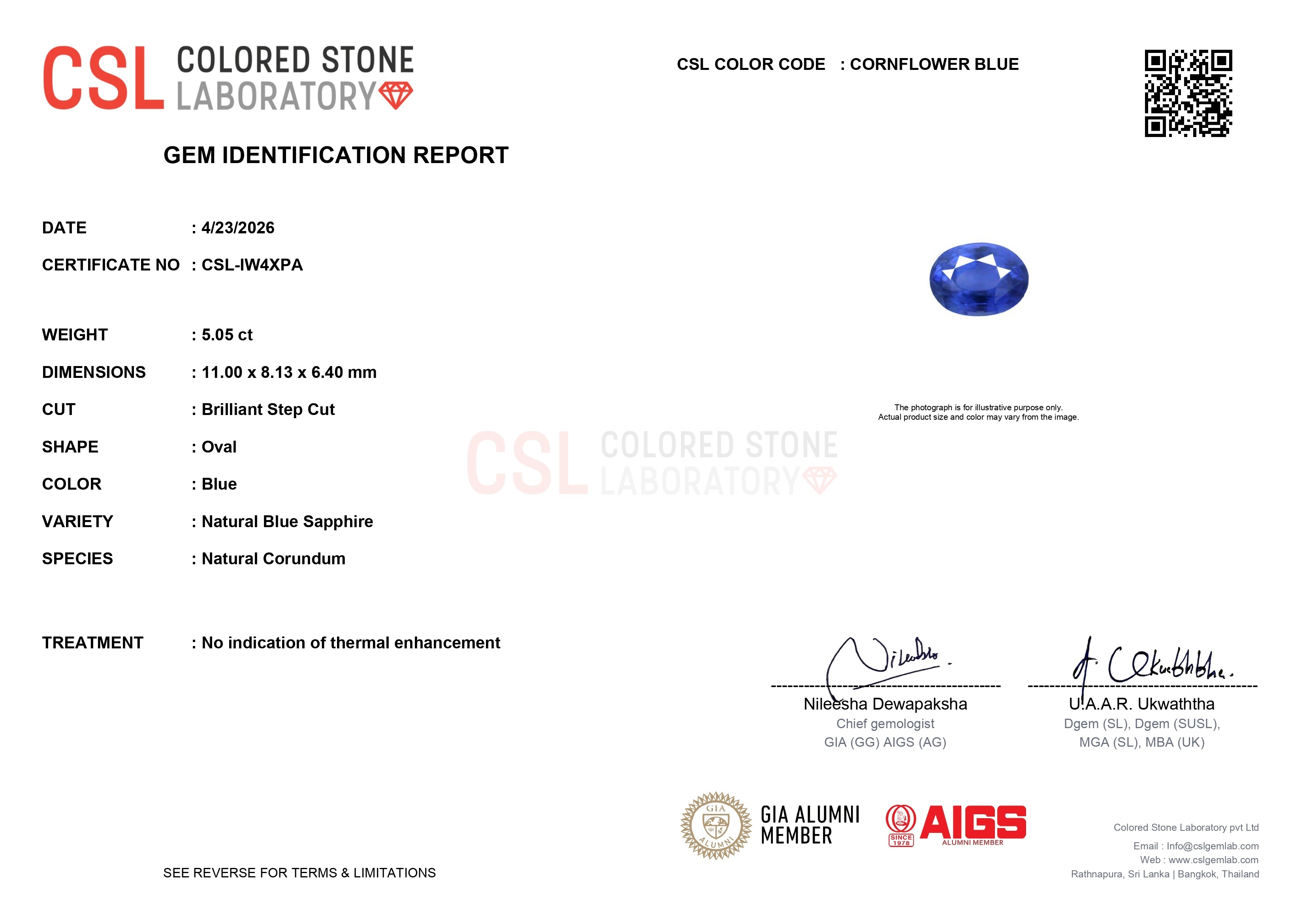 5.05 Ct. Blue Sapphire from Ceylon (Sri Lanka)
