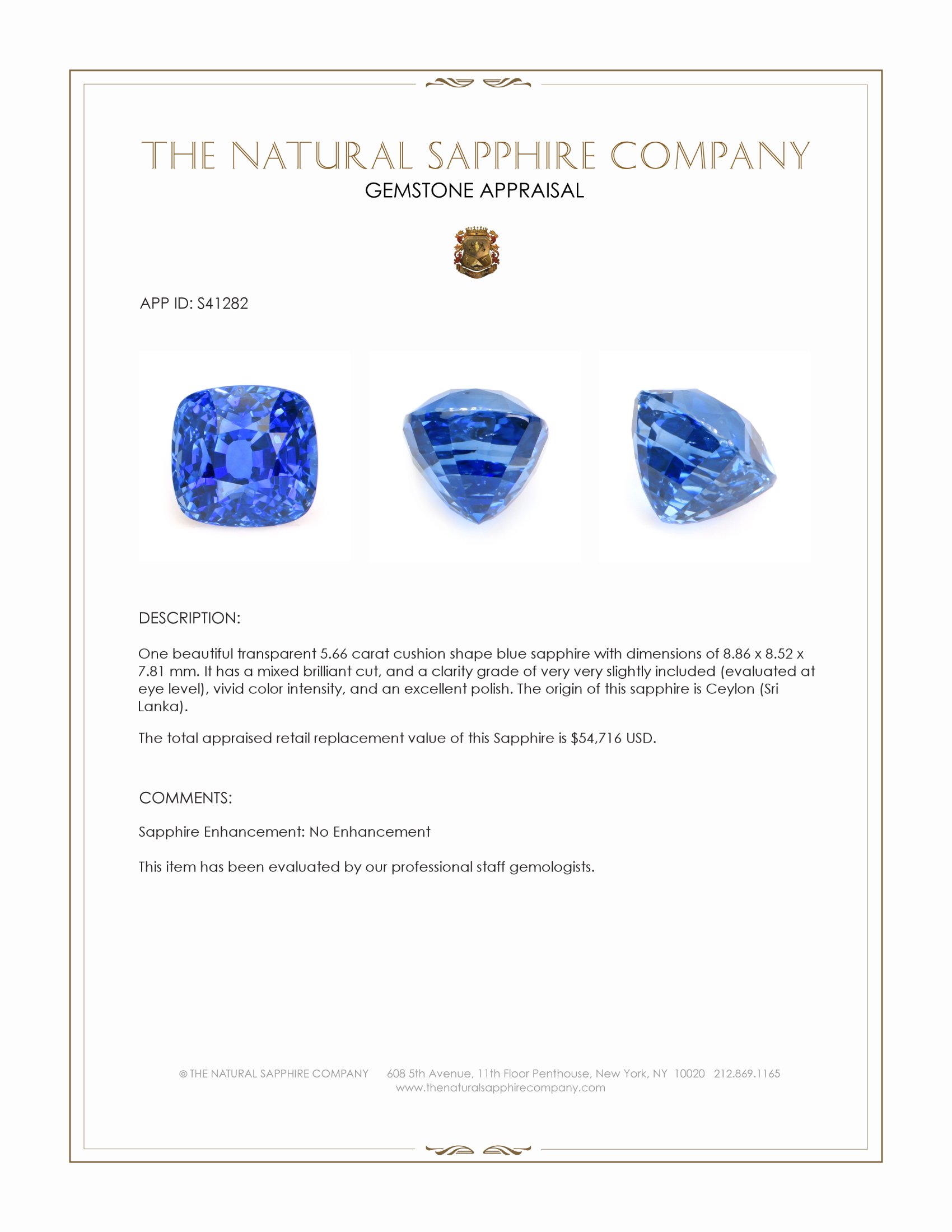 5.66 Ct. Blue Sapphire from Ceylon (Sri Lanka)