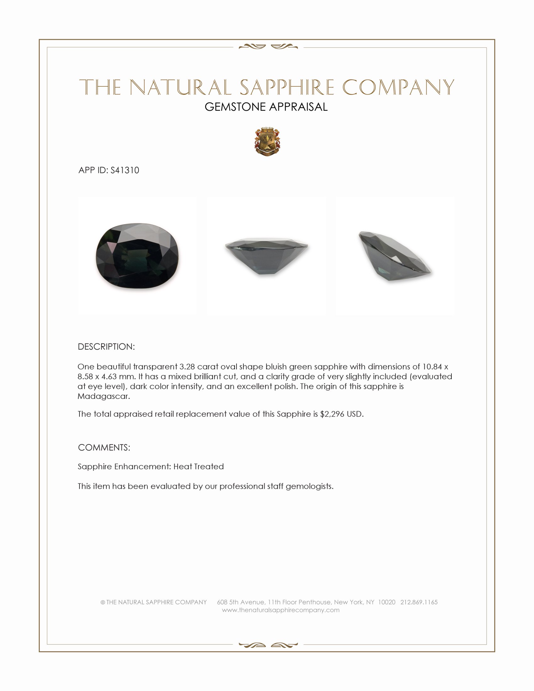 3.28 Ct. Bluish Green Sapphire from Madagascar