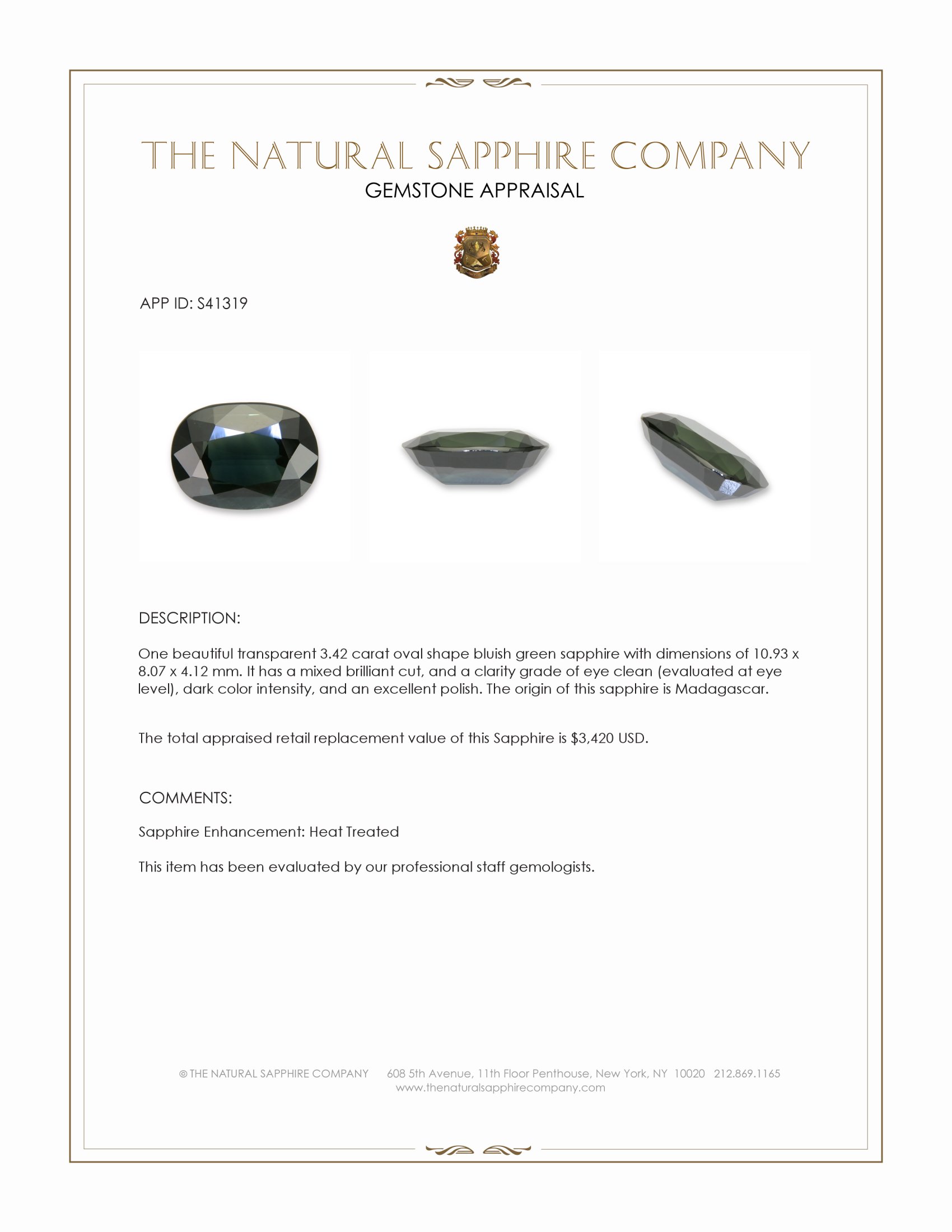 3.42 Ct. Bluish Green Sapphire from Madagascar
