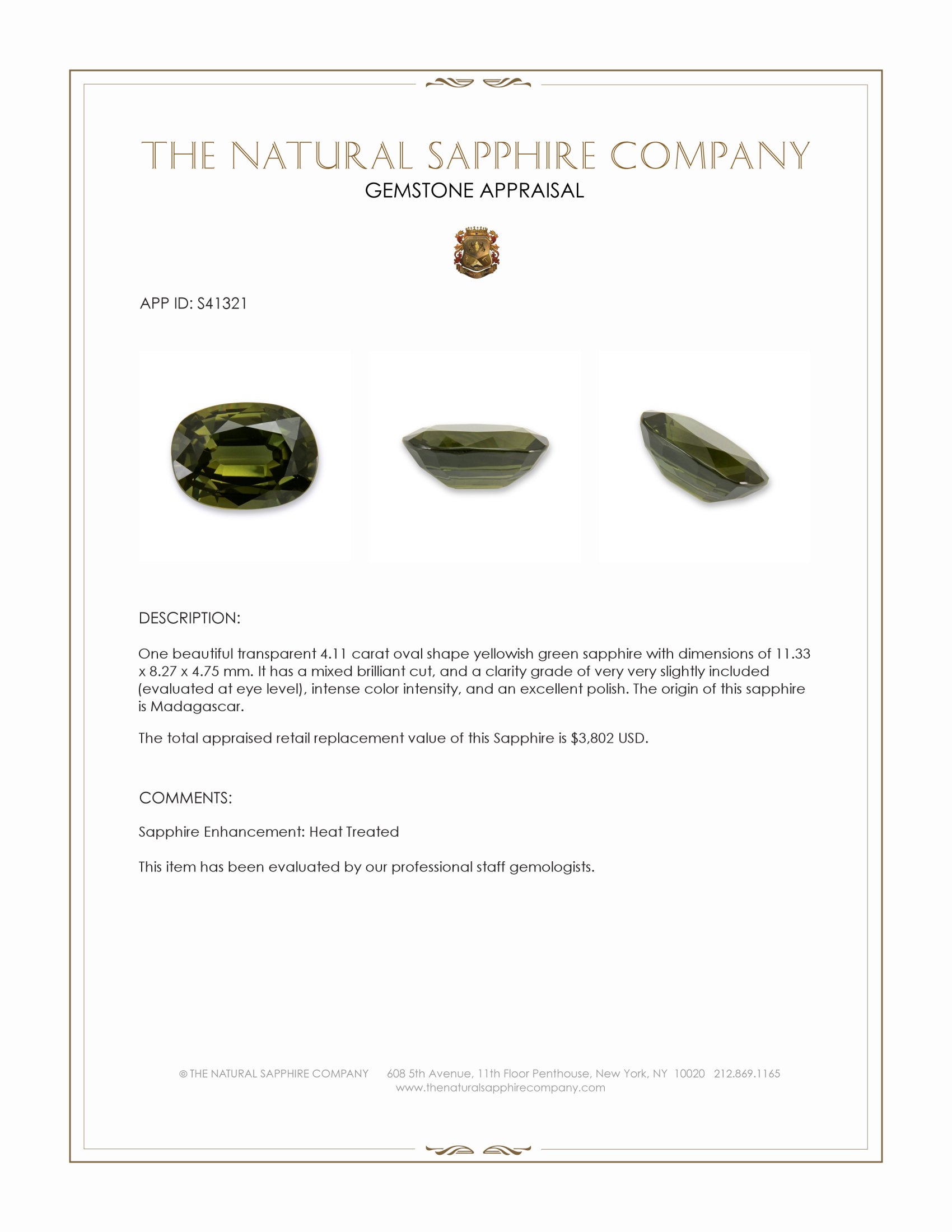 4.11 Ct. Yellowish Green Sapphire from Madagascar