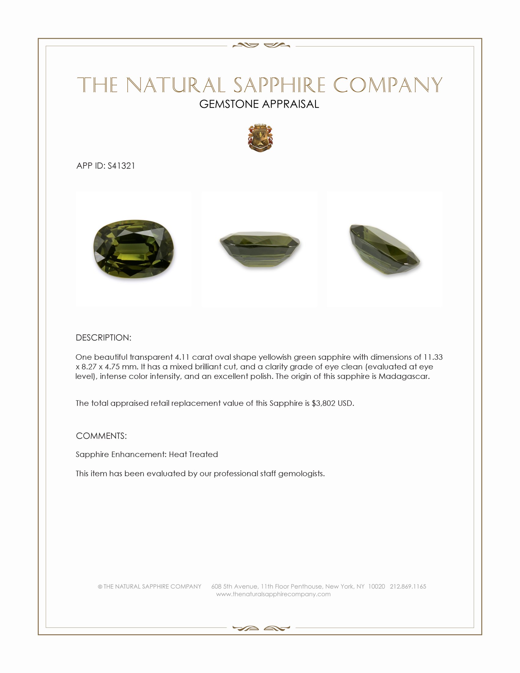 4.11 Ct. Yellowish Green Sapphire from Madagascar