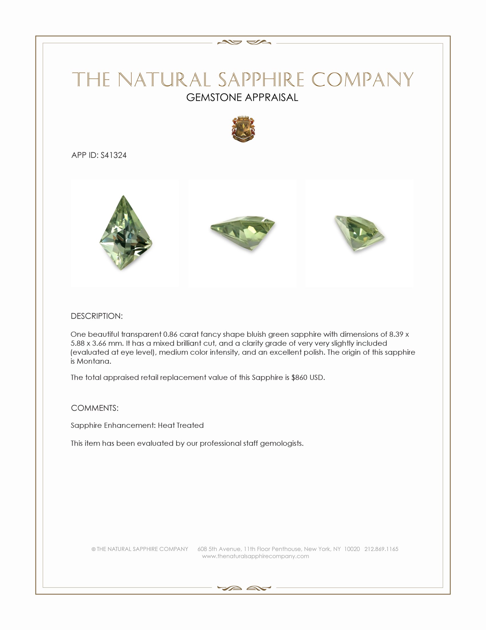 0.86 Ct. Bluish Green Sapphire from Montana