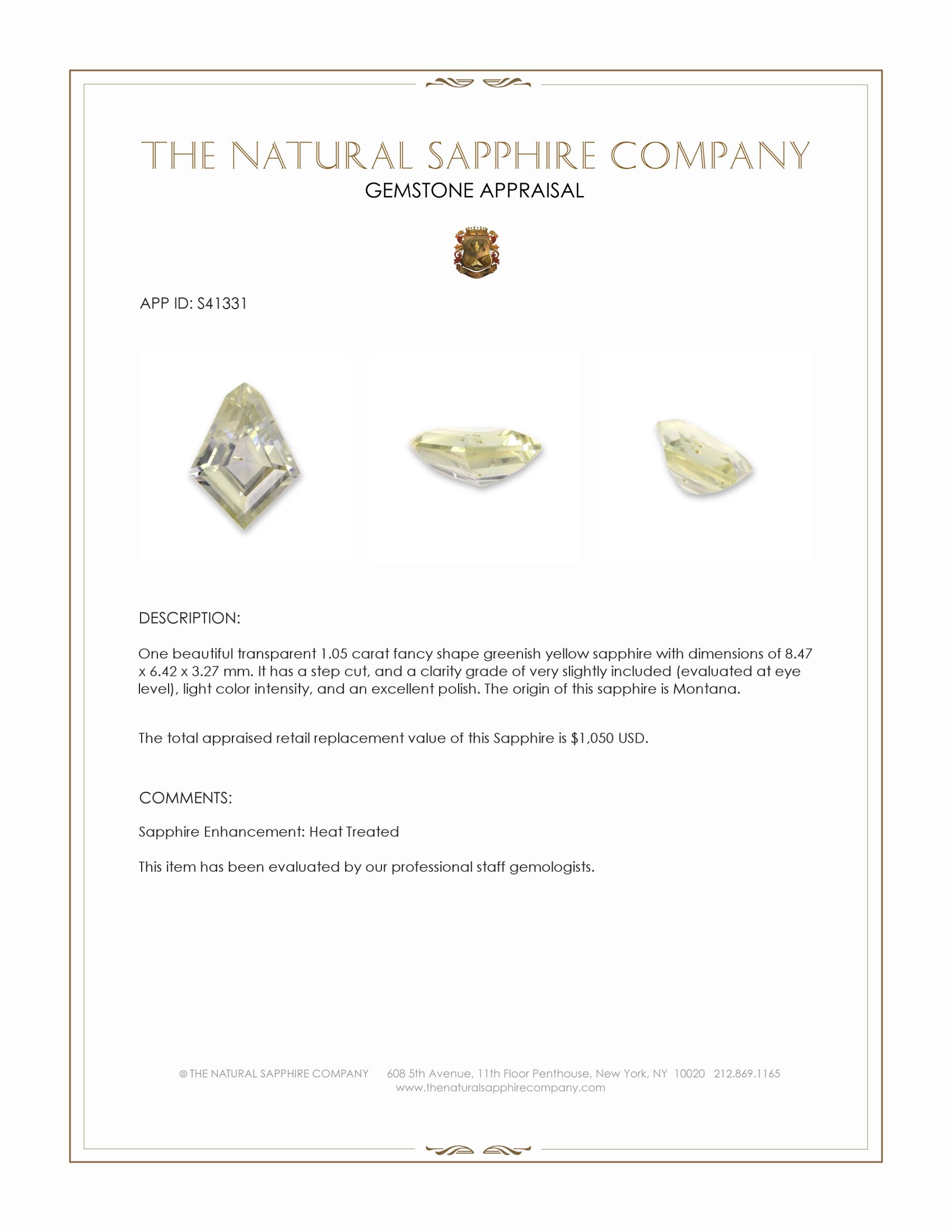 1.05 Ct. Greenish Yellow Sapphire from Montana