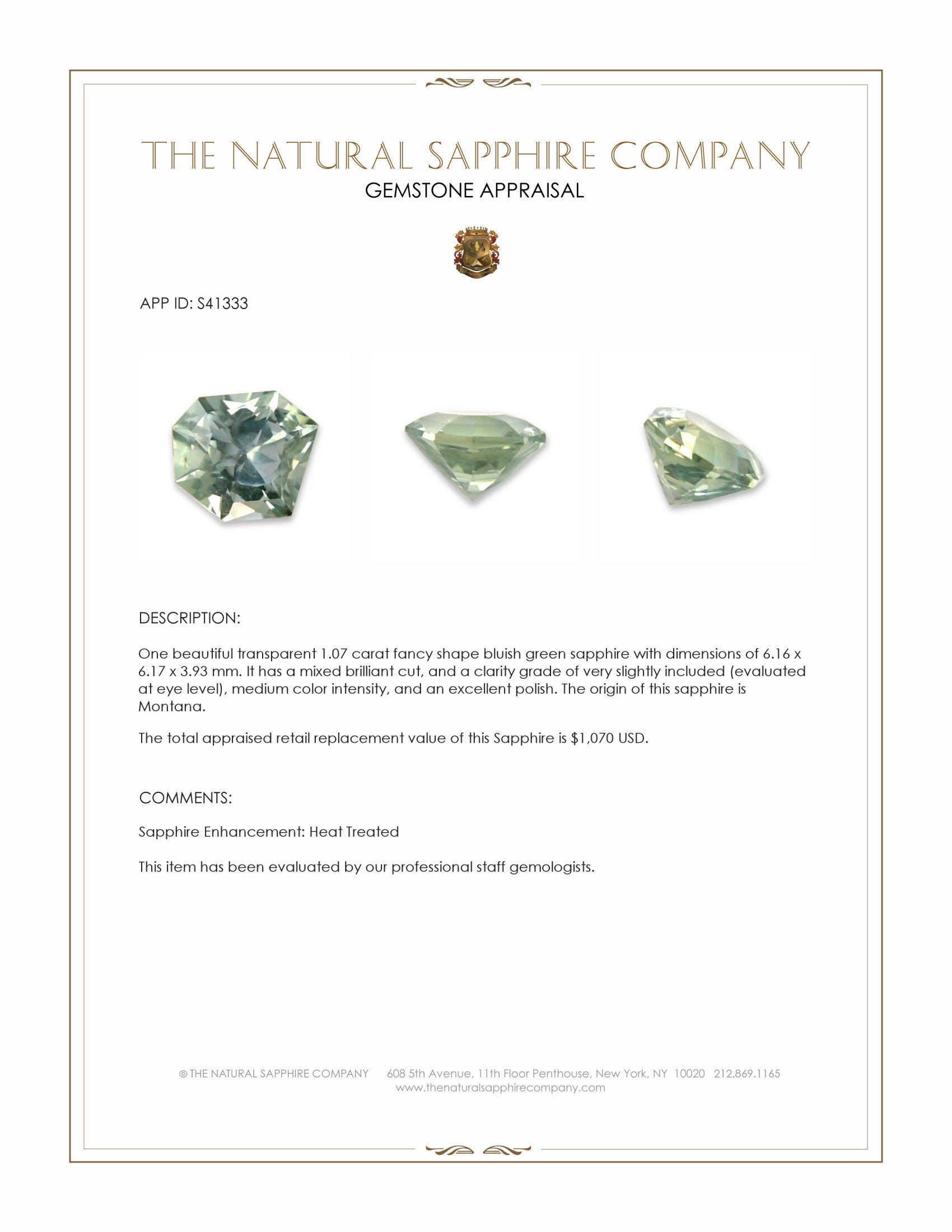1.07 Ct. Bluish Green Sapphire from Montana