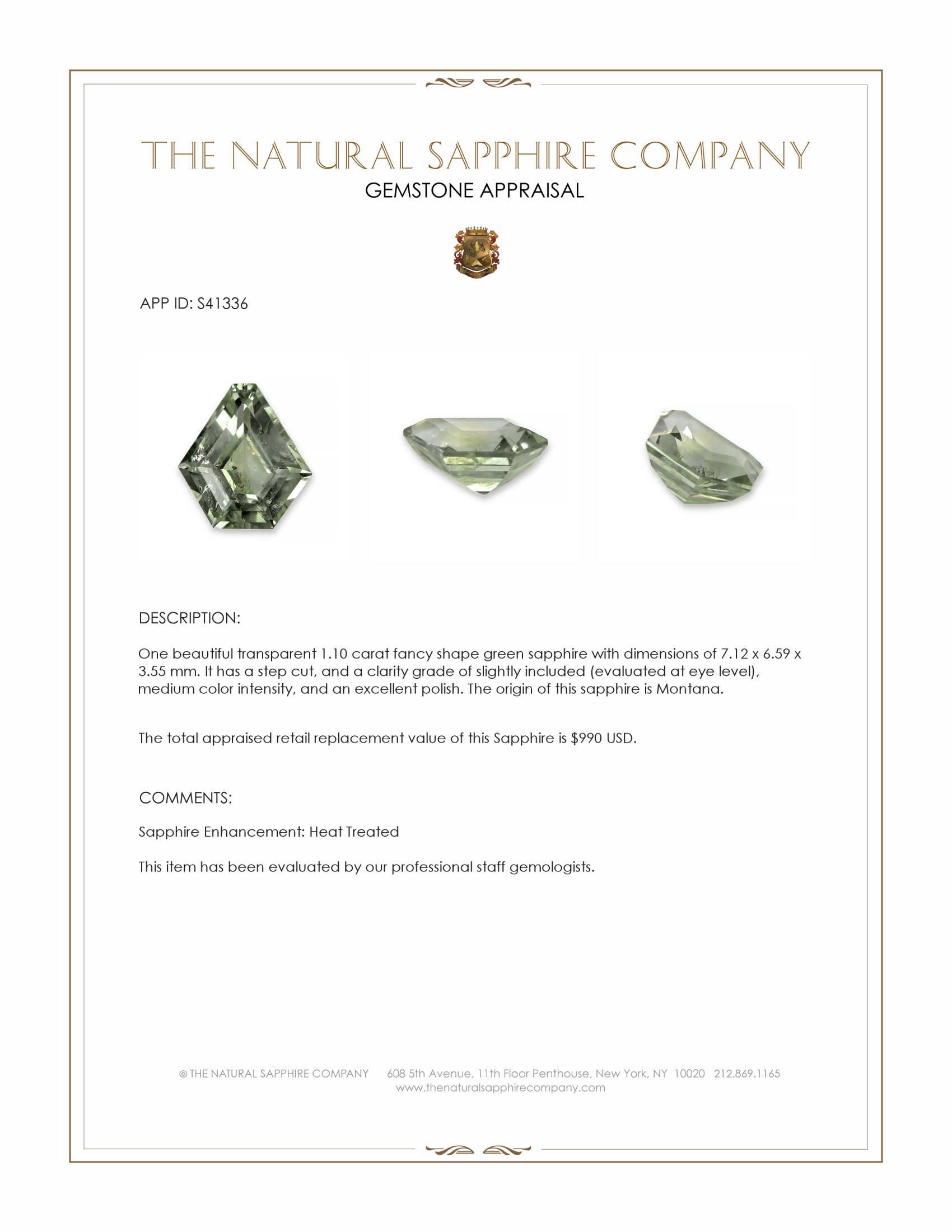1.10 Ct. Green Sapphire from Montana