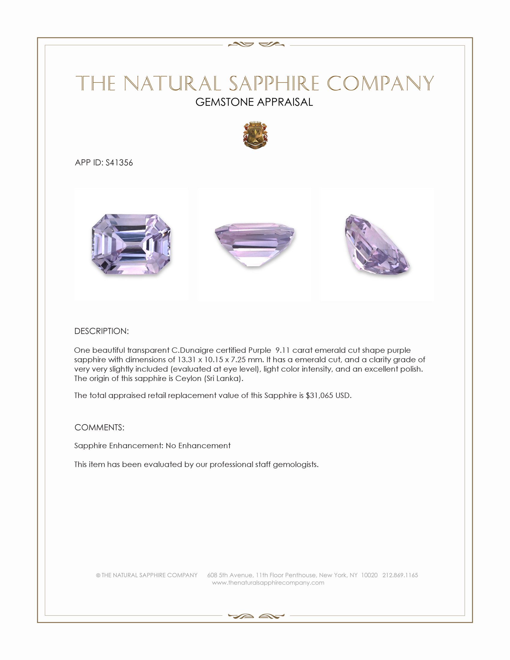 9.11 Ct. Purple Sapphire from Ceylon (Sri Lanka)