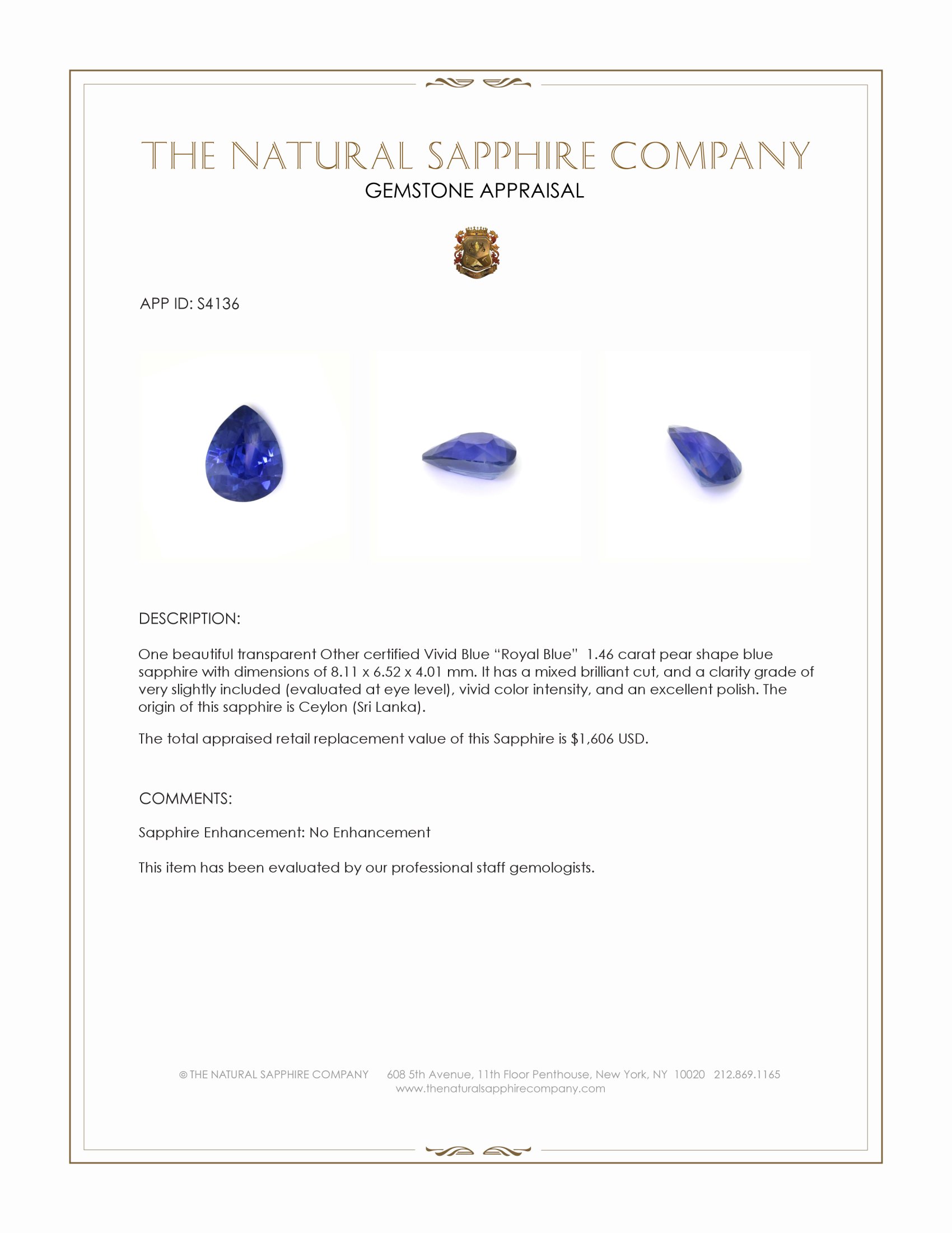 1.46 Ct. Blue Sapphire from Ceylon (Sri Lanka)