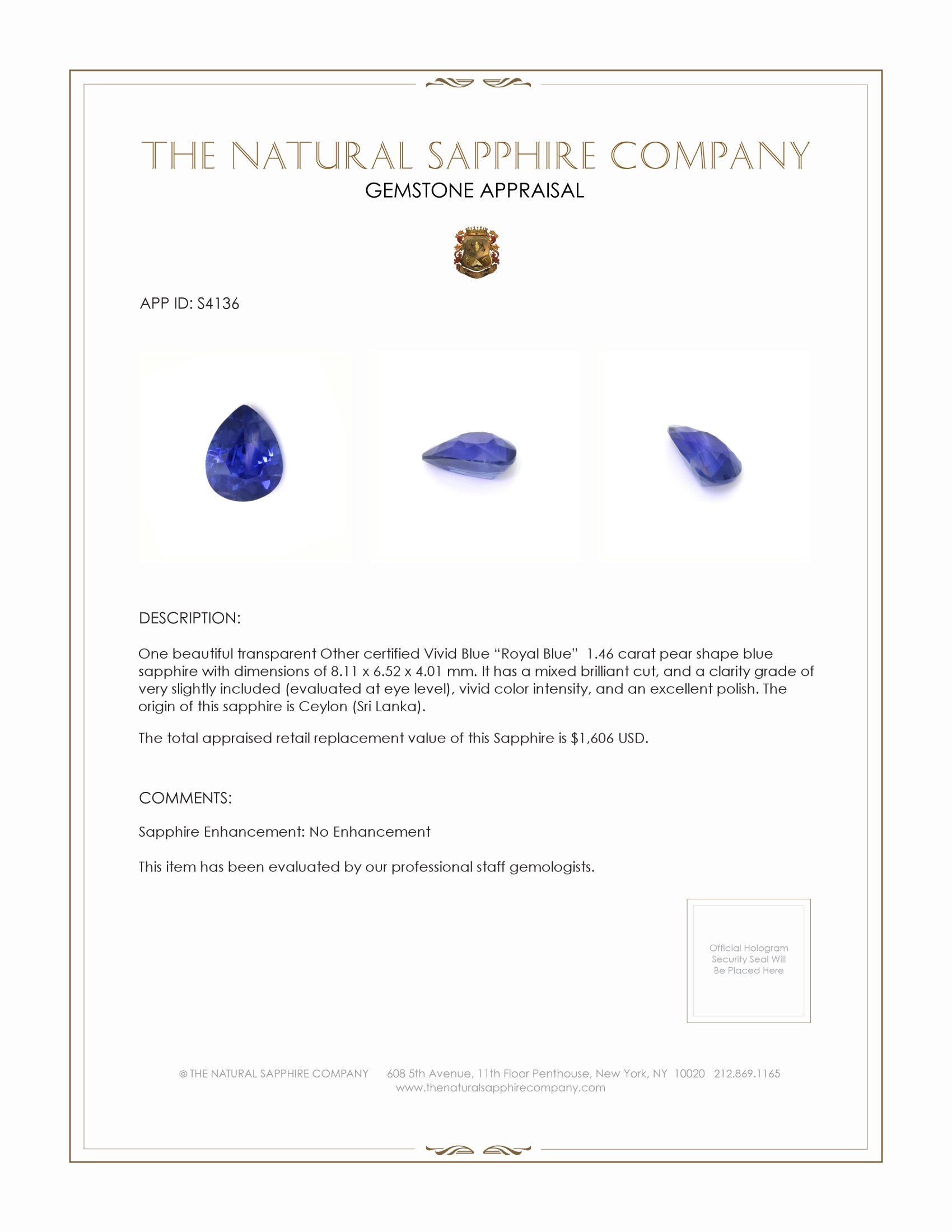 1.46 Ct. Blue Sapphire from Ceylon (Sri Lanka)