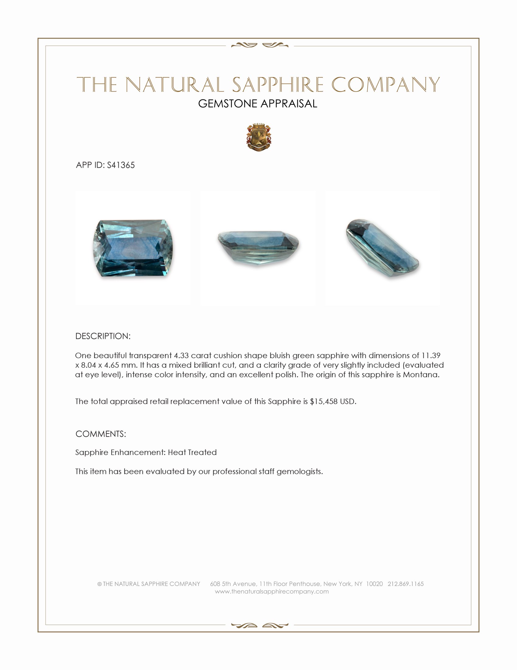 4.33 Ct. Bluish Green Sapphire from Montana