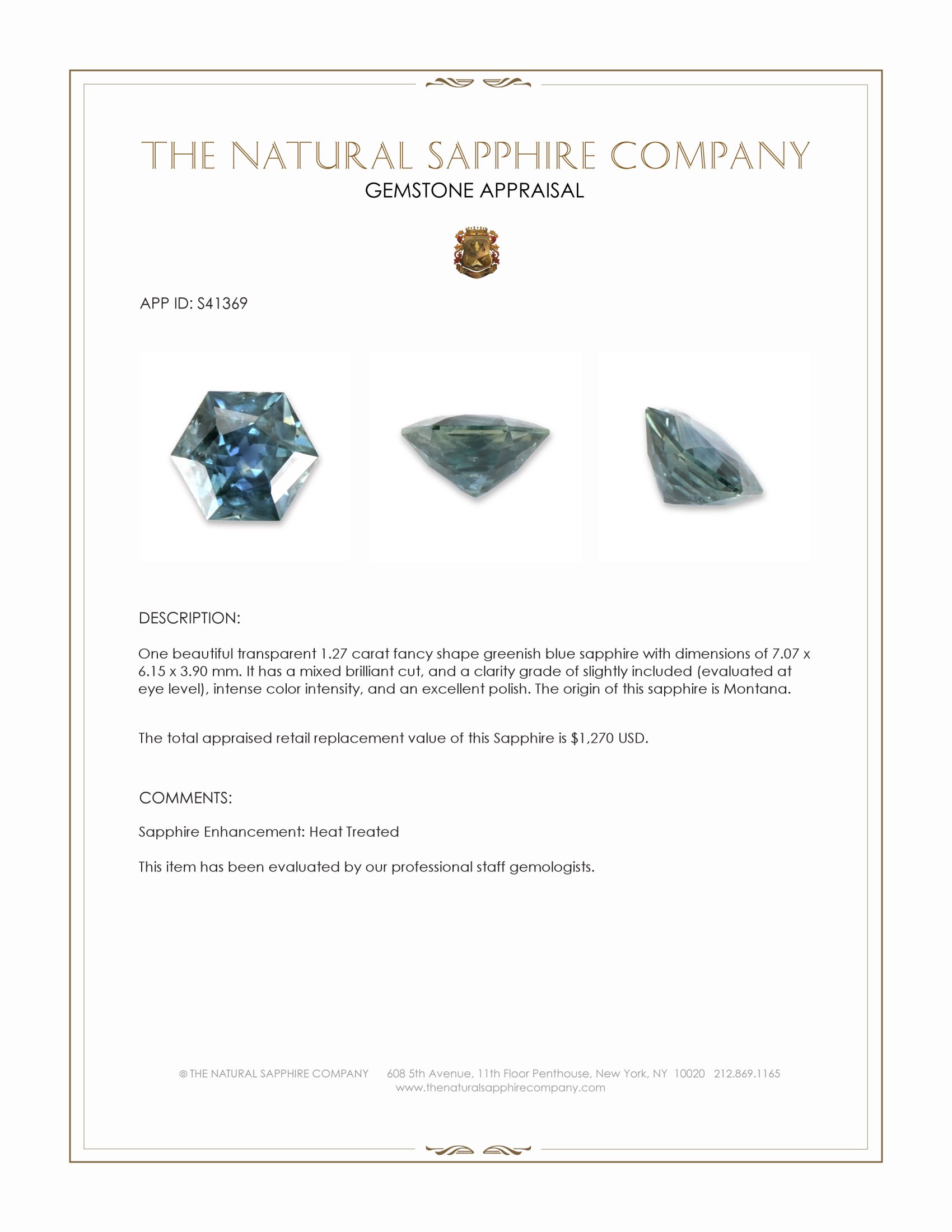 1.27 Ct. Greenish Blue Sapphire from Montana