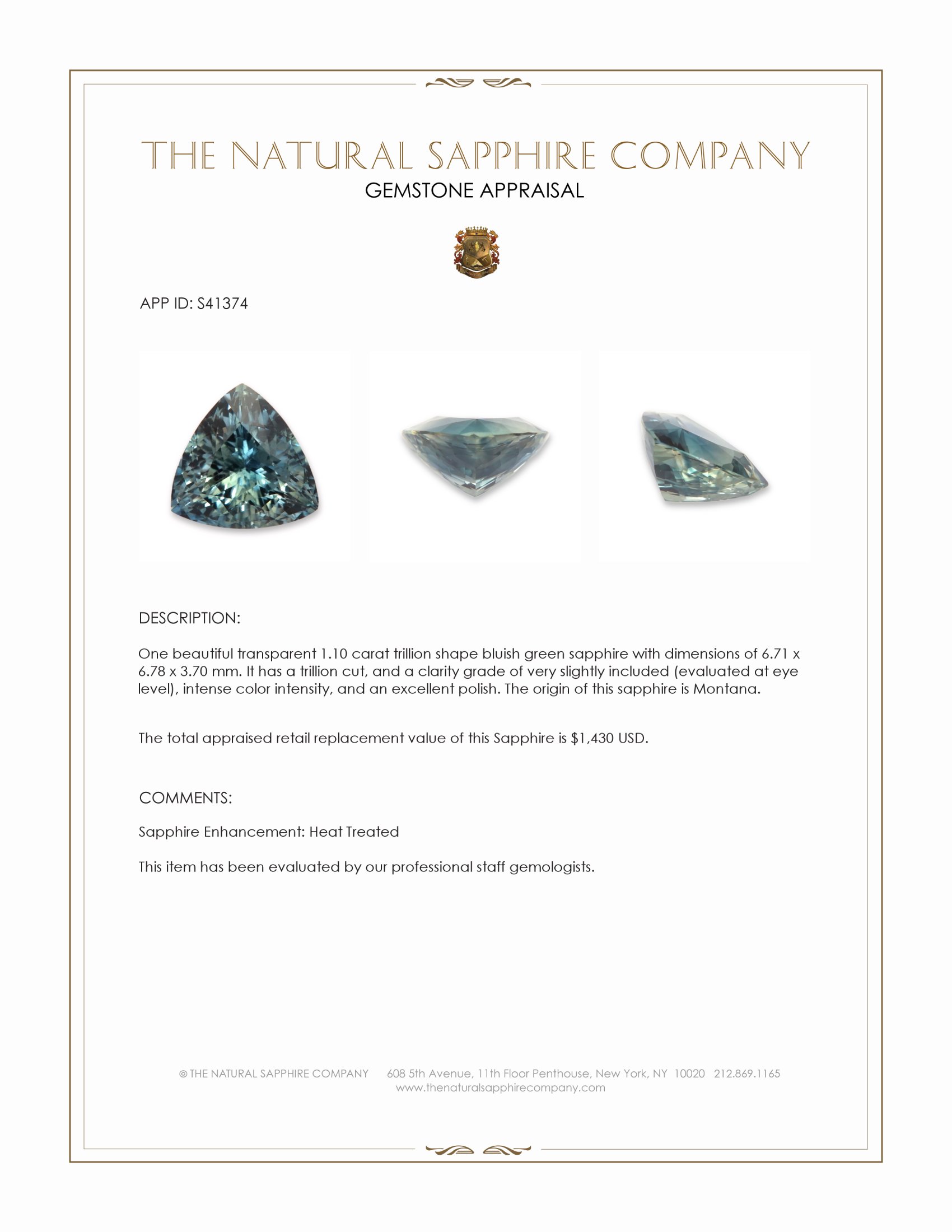 1.10 Ct. Bluish Green Sapphire from Montana