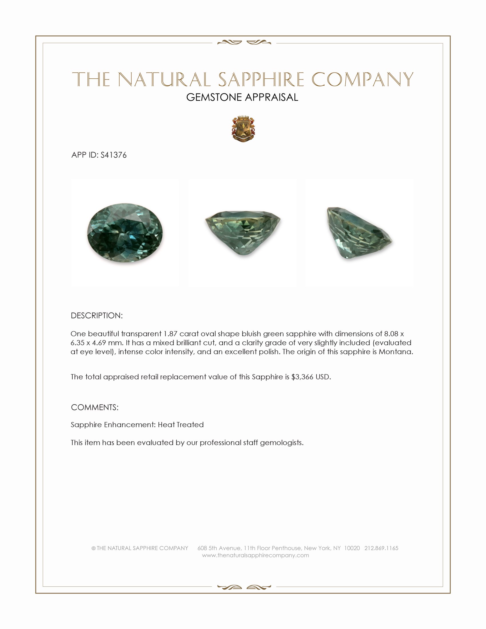 1.87 Ct. Bluish Green Sapphire from Montana