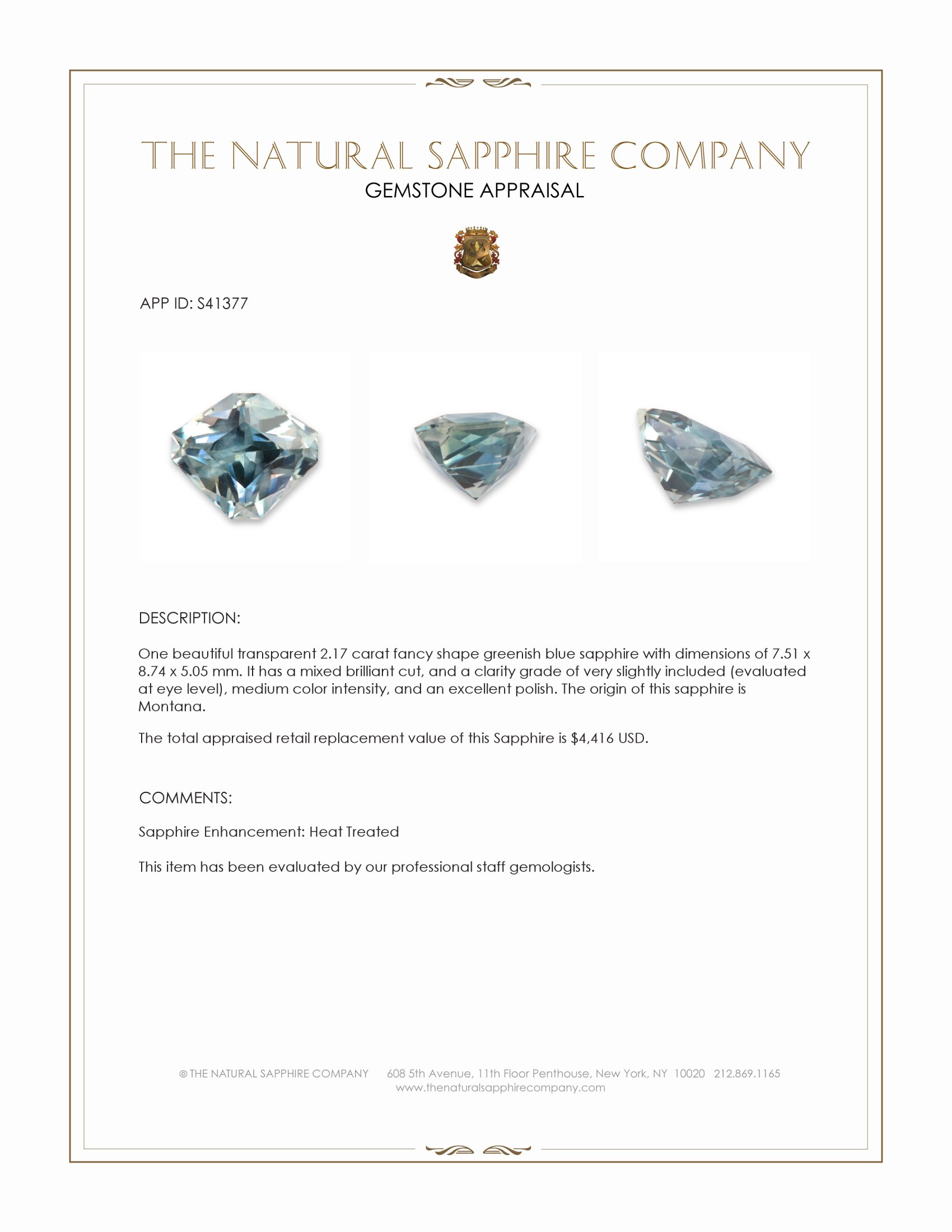 2.17 Ct. Greenish Blue Sapphire from Montana