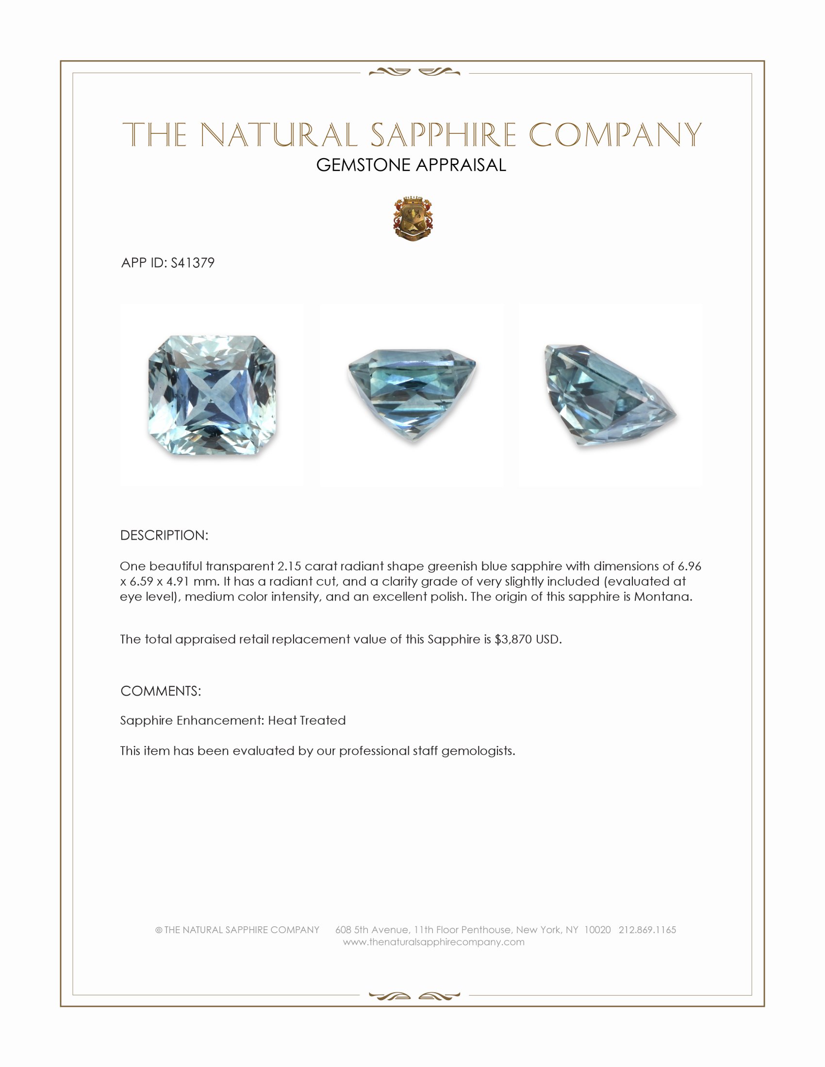 2.15 Ct. Greenish Blue Sapphire from Montana
