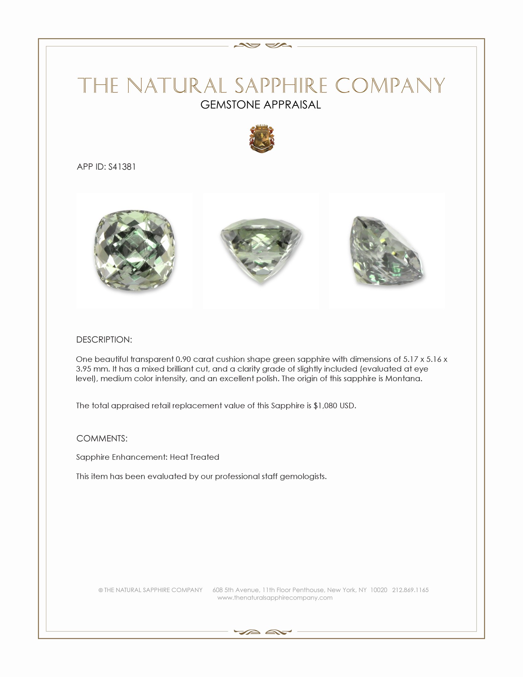 0.90 Ct. Green Sapphire from Montana
