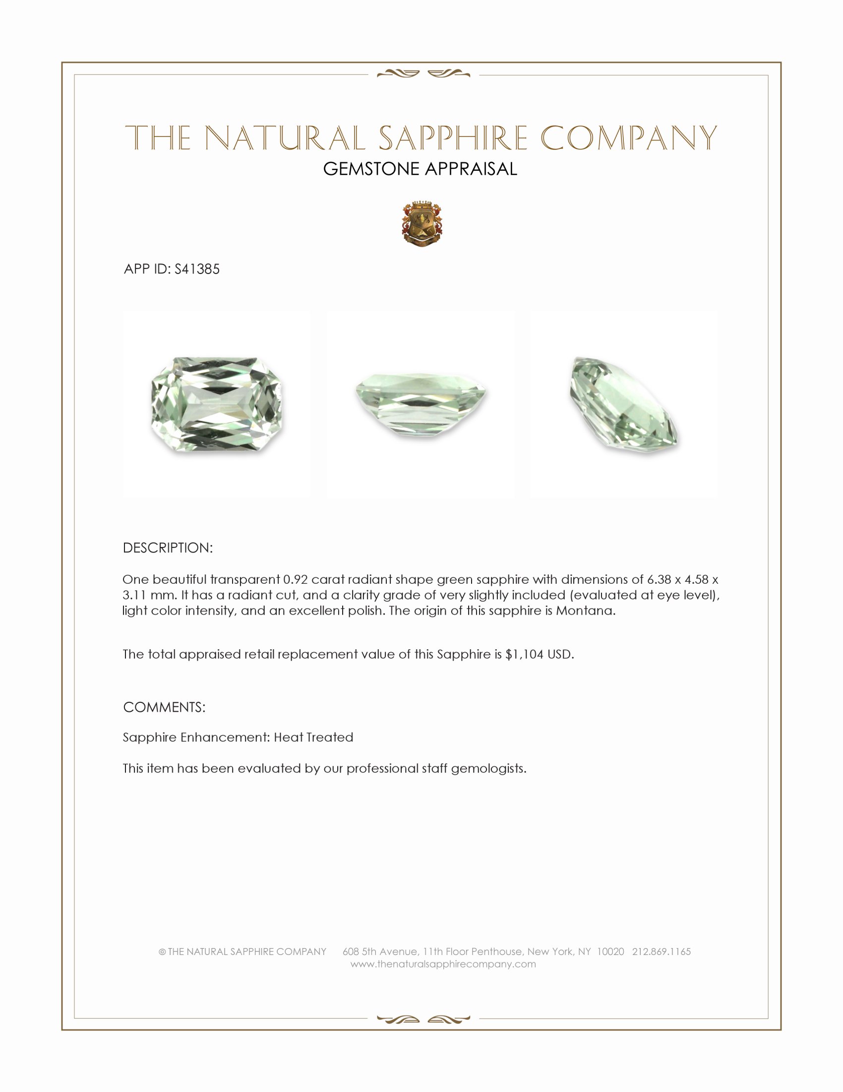 0.92 Ct. Green Sapphire from Montana