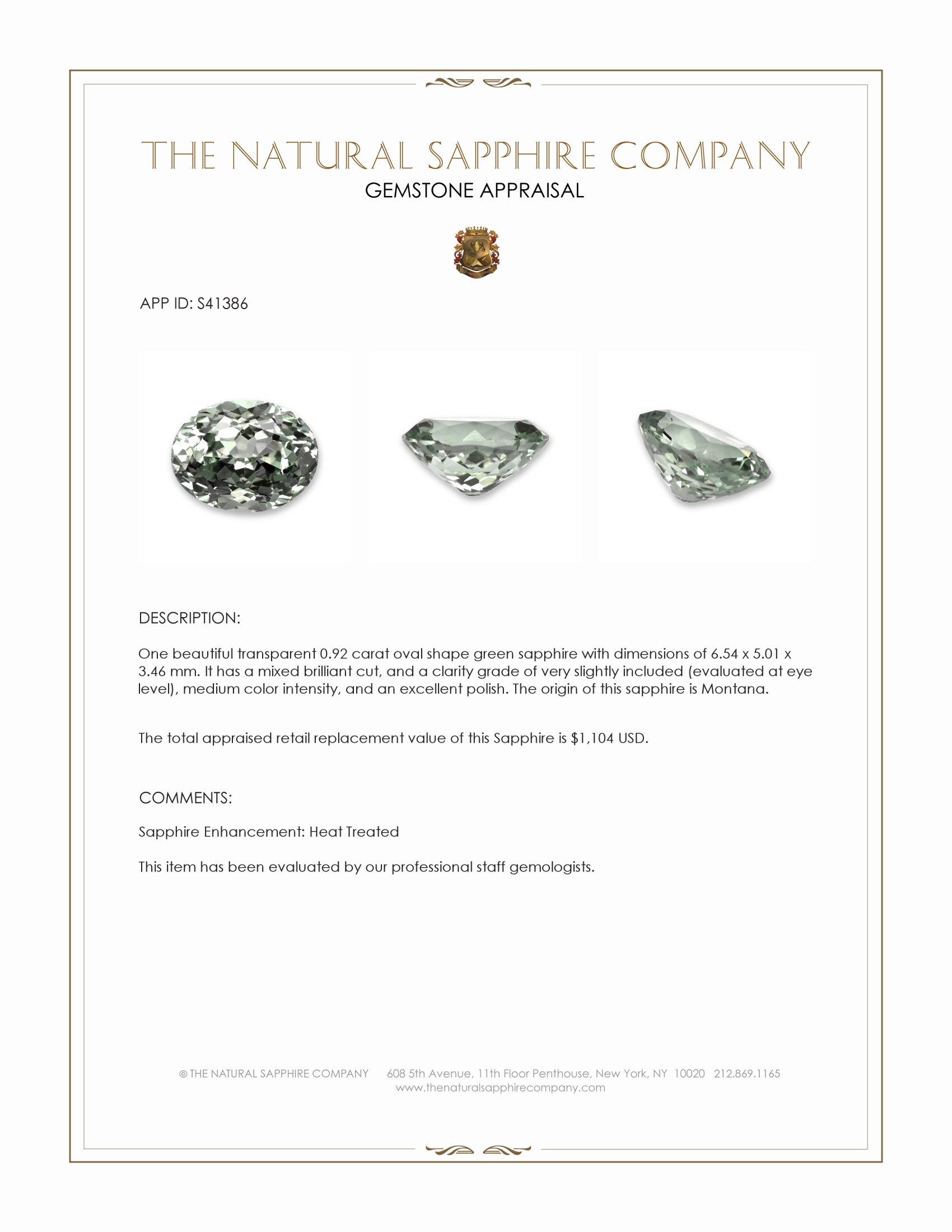 0.92 Ct. Green Sapphire from Montana