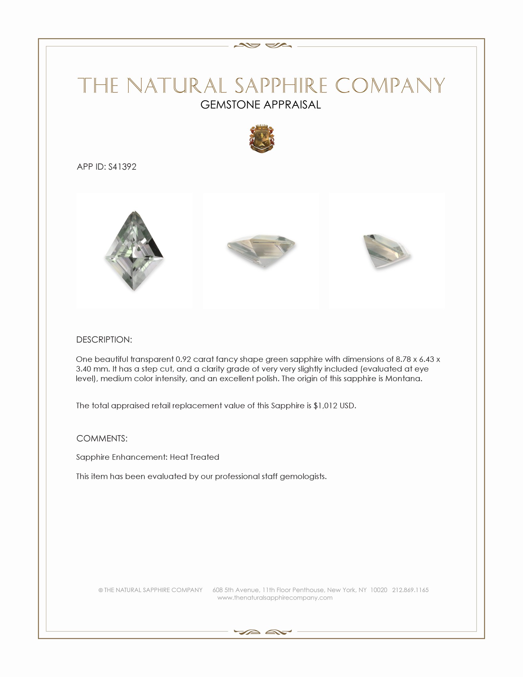 0.92 Ct. Green Sapphire from Montana
