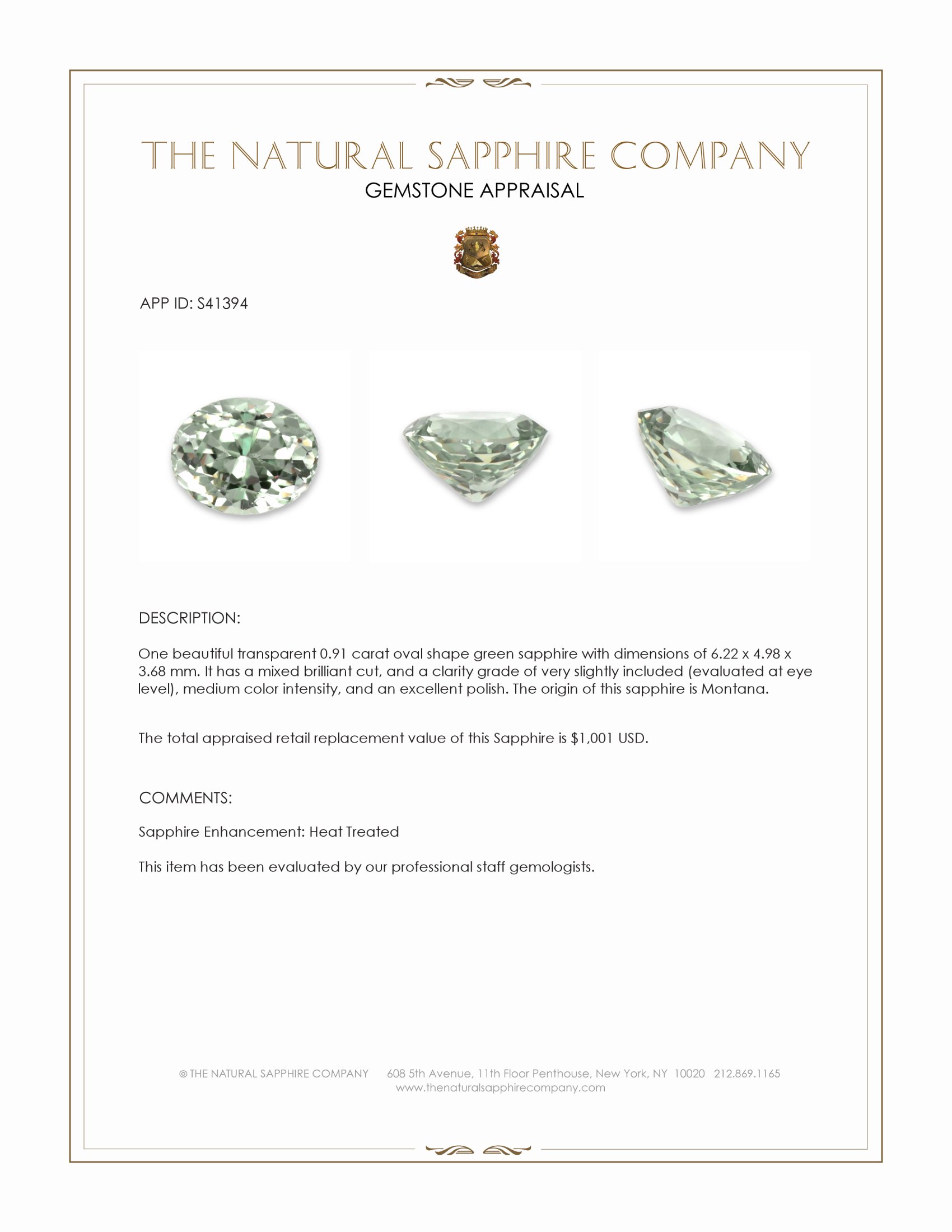 0.91 Ct. Green Sapphire from Montana