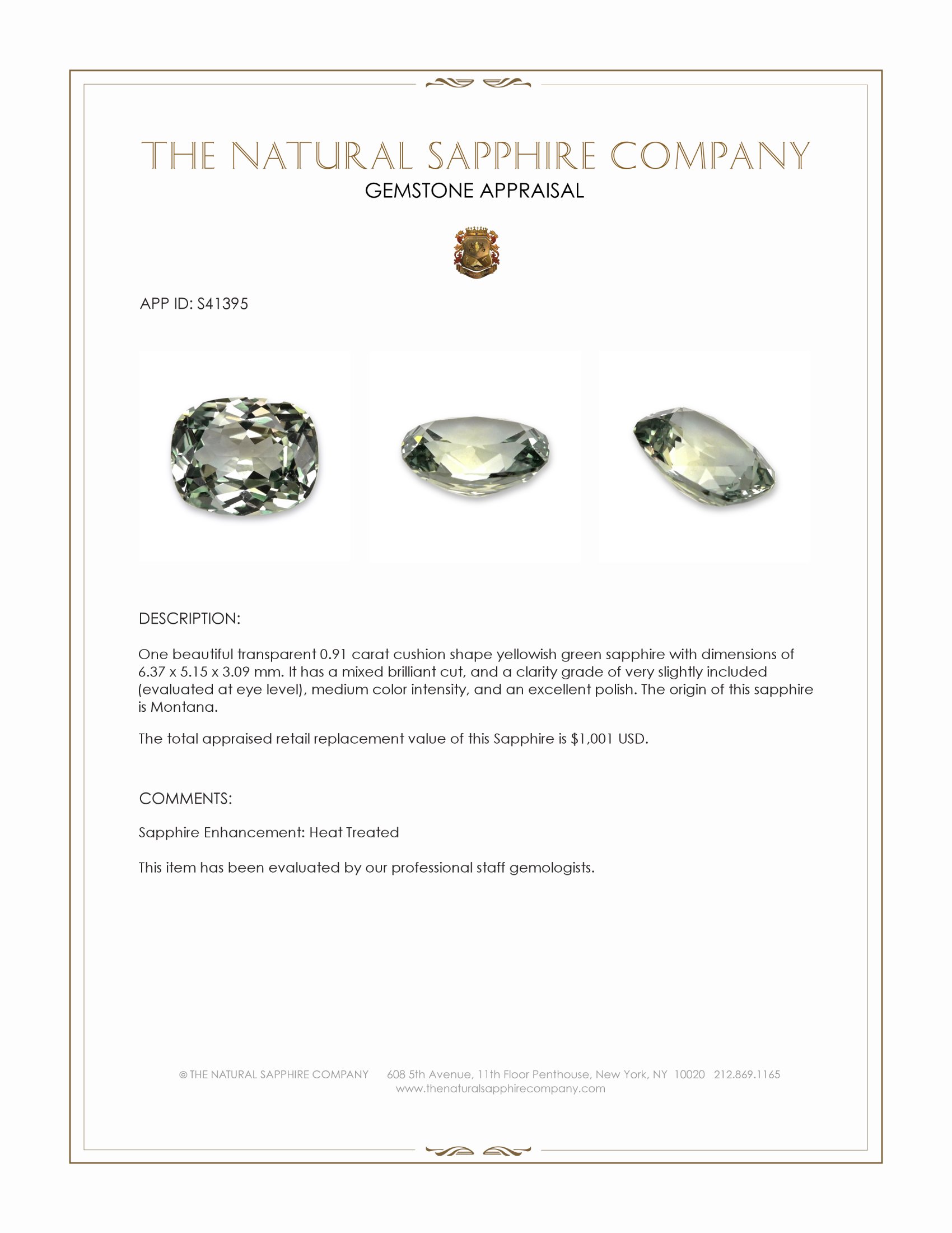 0.91 Ct. Yellowish Green Sapphire from Montana