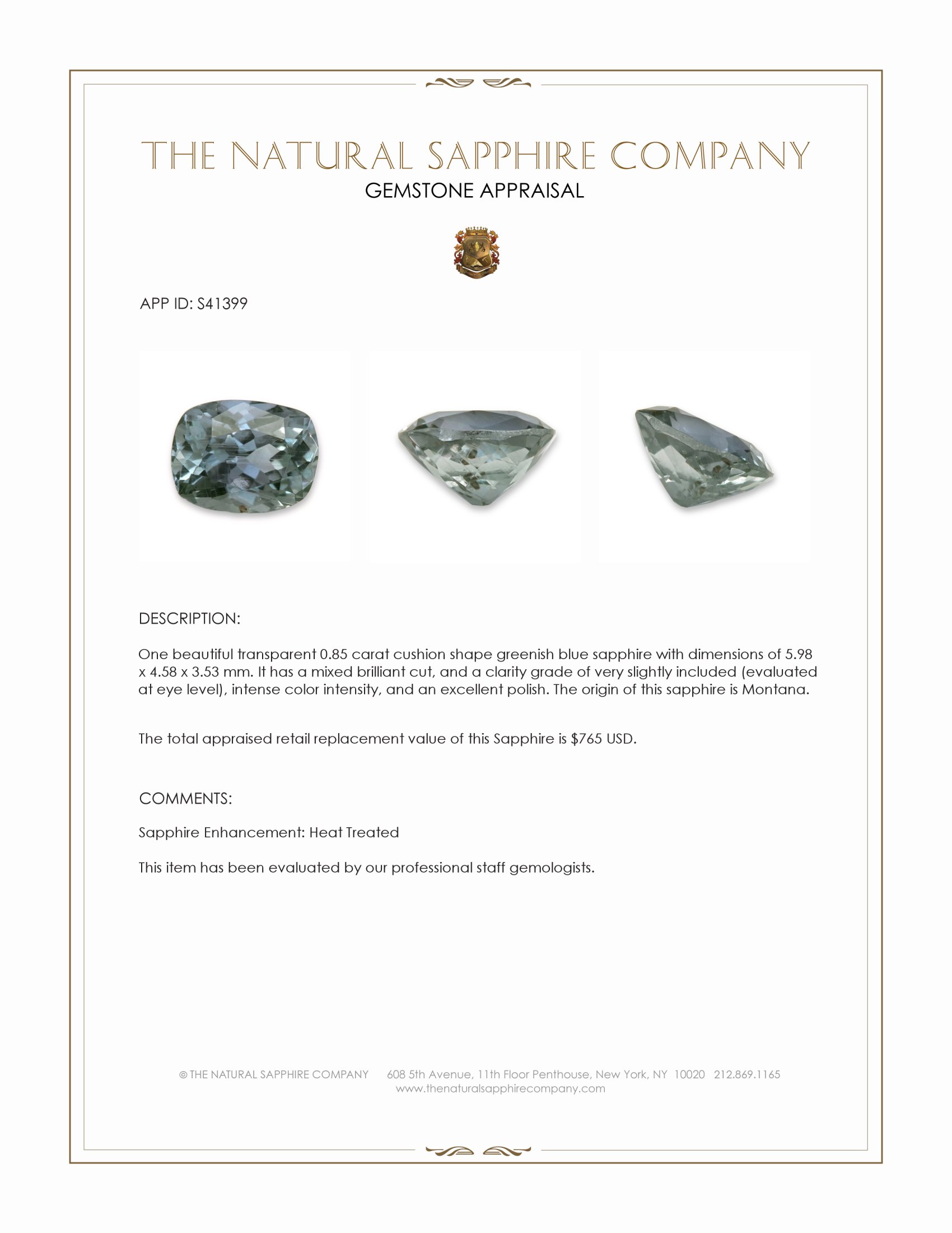 0.85 Ct. Greenish Blue Sapphire from Montana
