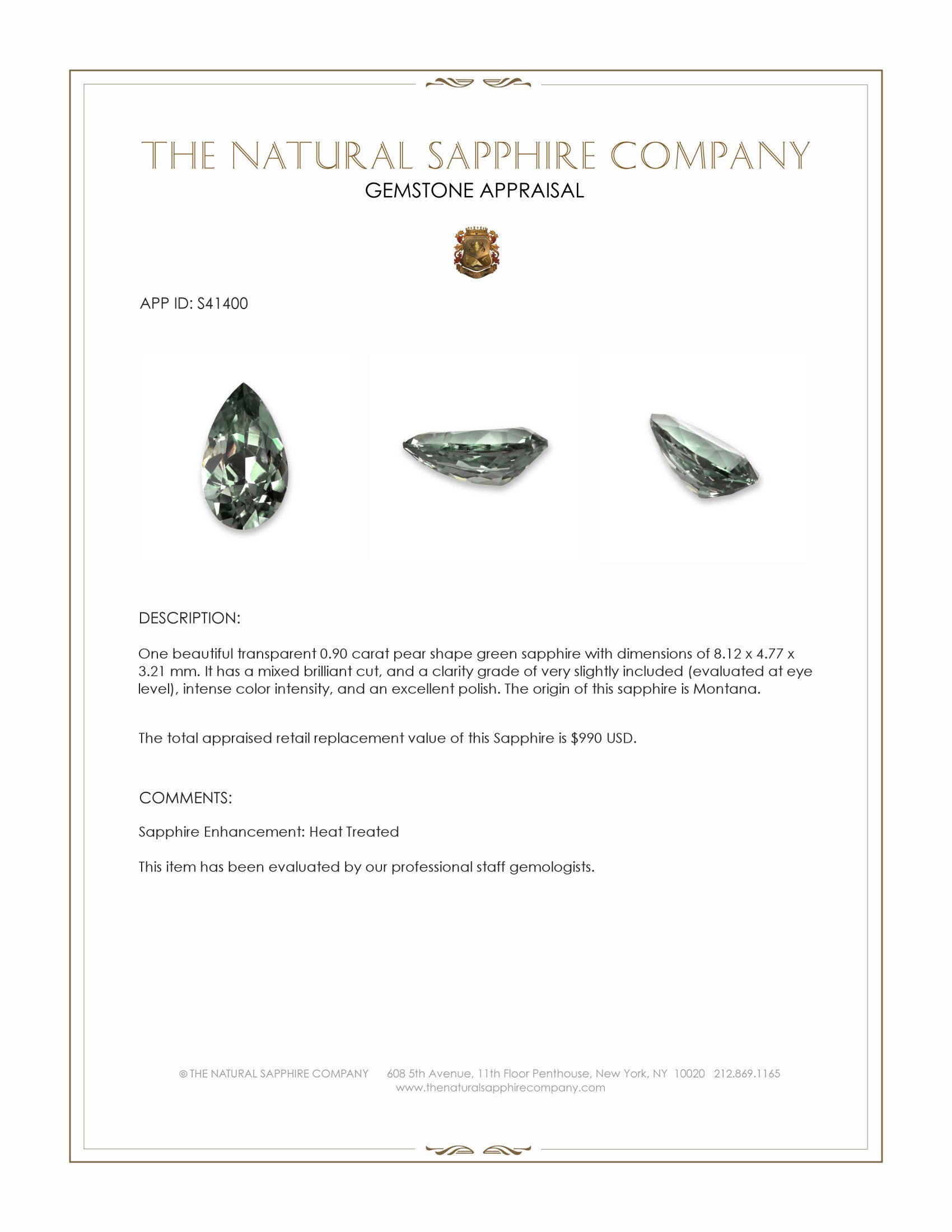 0.90 Ct. Green Sapphire from Montana