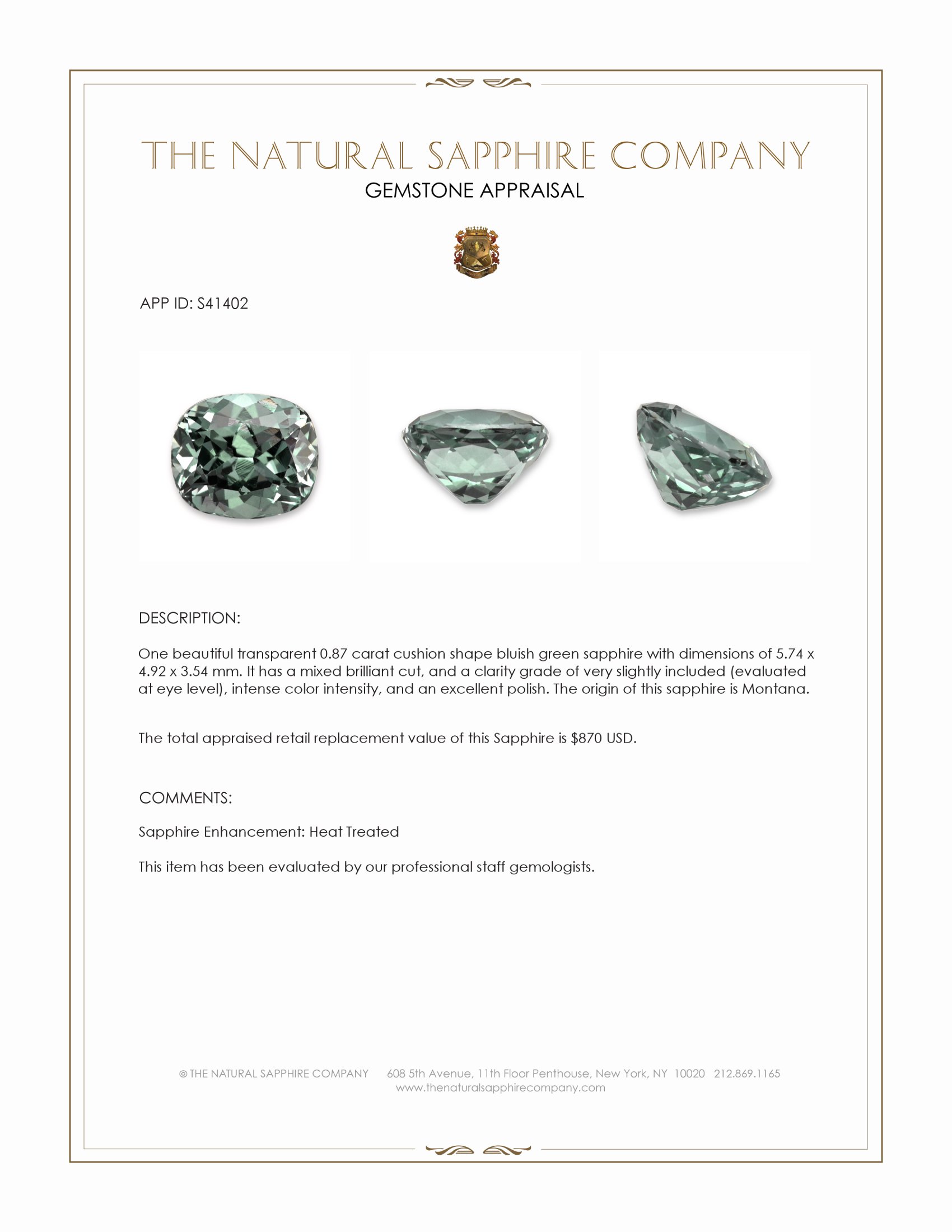 0.87 Ct. Bluish Green Sapphire from Montana