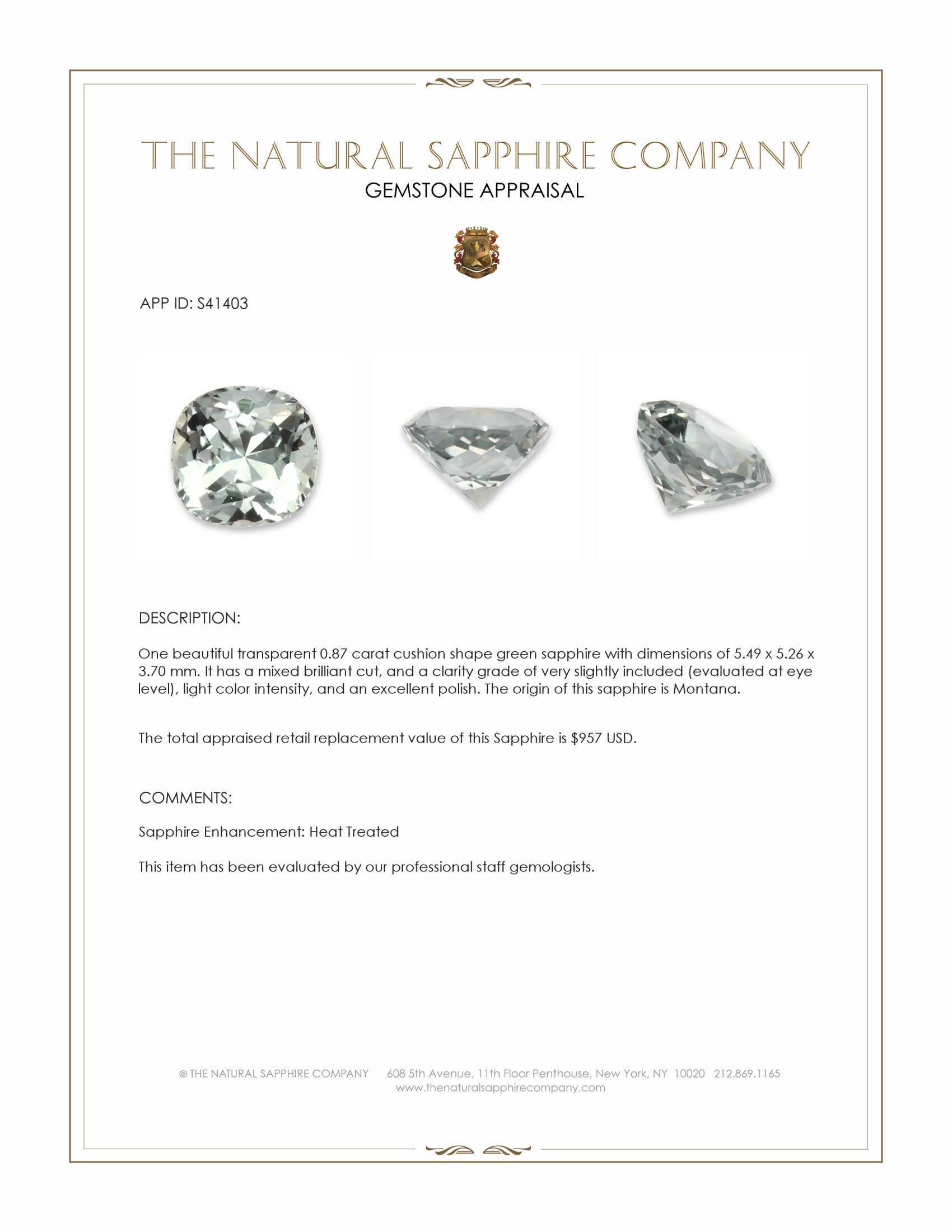 0.87 Ct. Green Sapphire from Montana