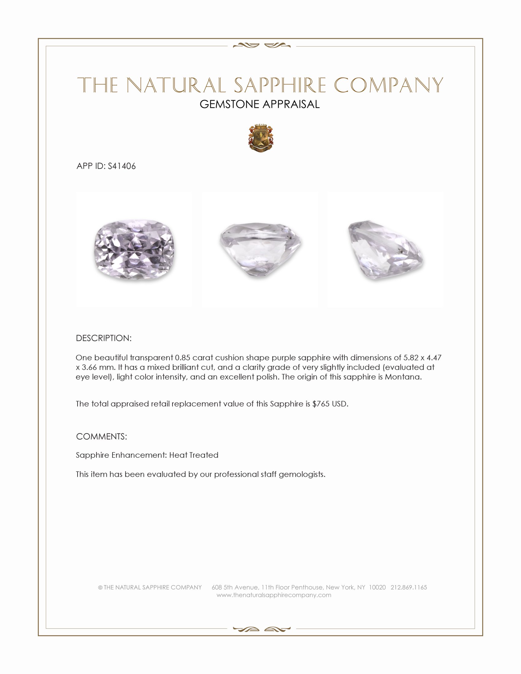 0.85 Ct. Purple Sapphire from Montana