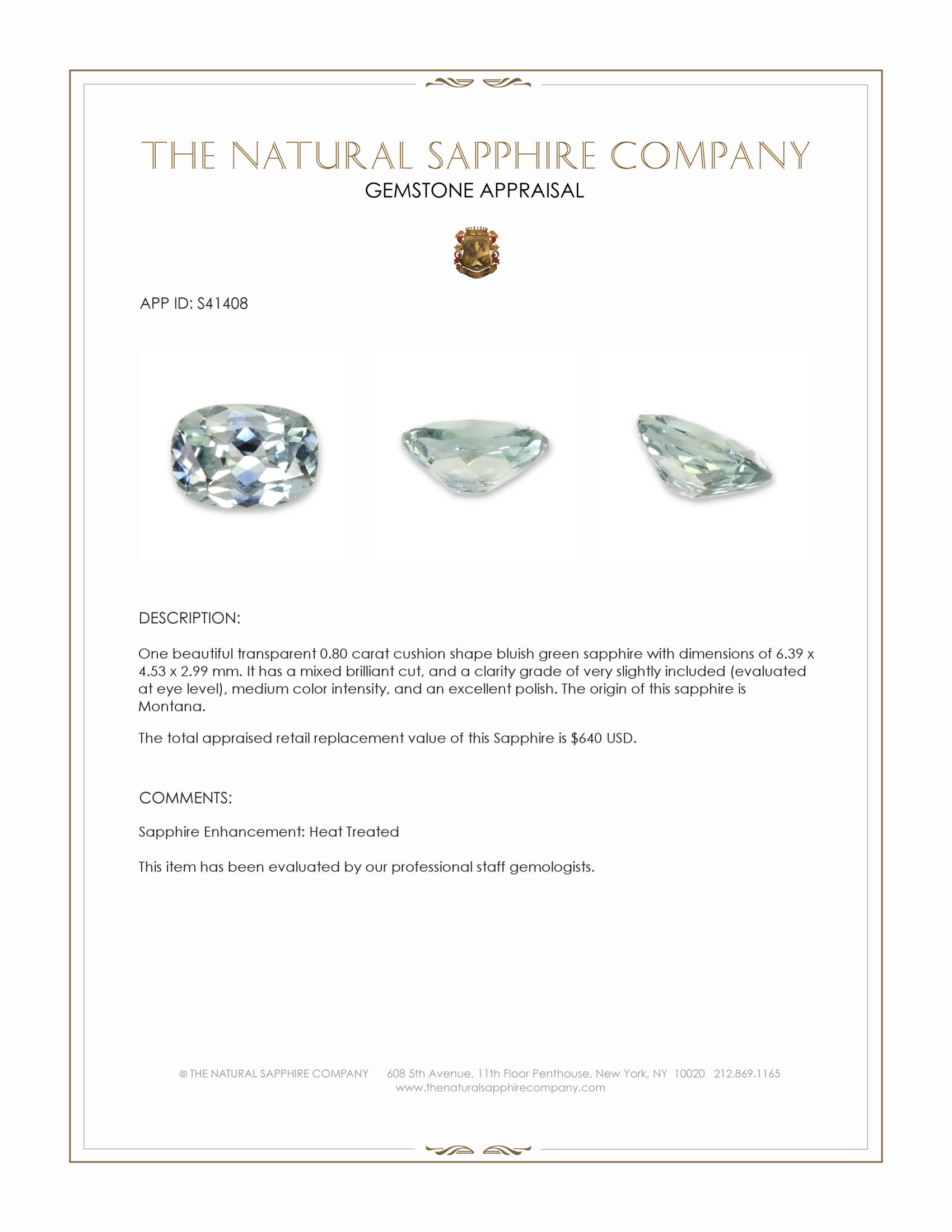 0.80 Ct. Bluish Green Sapphire from Montana