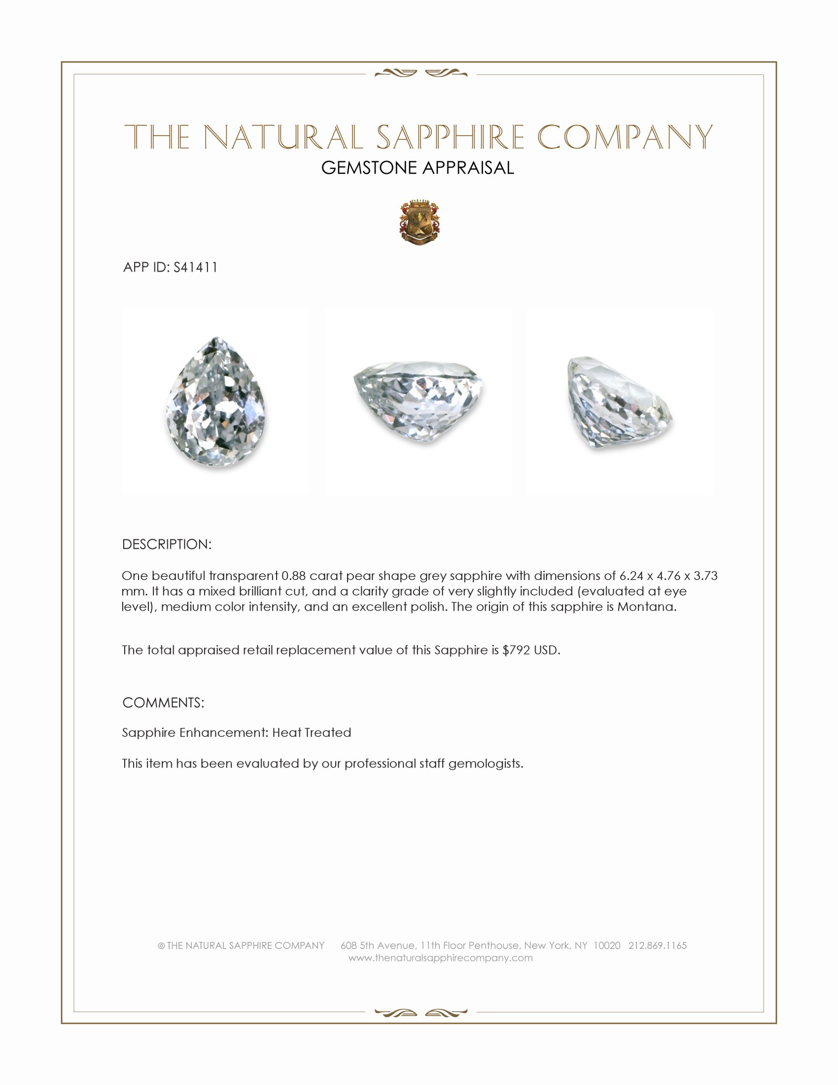 0.88 Ct. Grey Sapphire from Montana