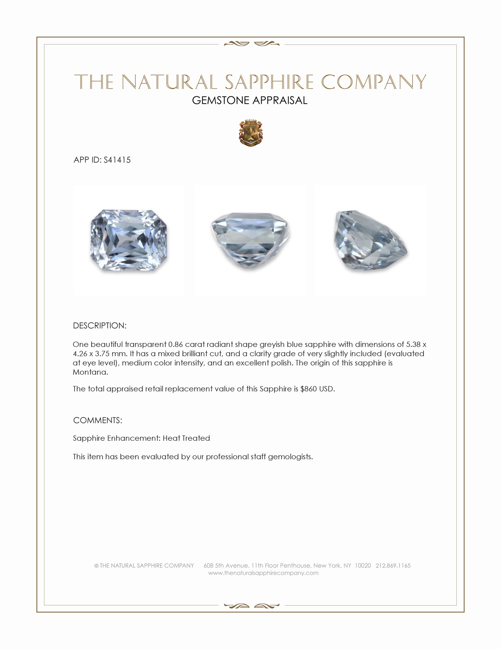 0.86 Ct. Greyish Blue Sapphire from Montana