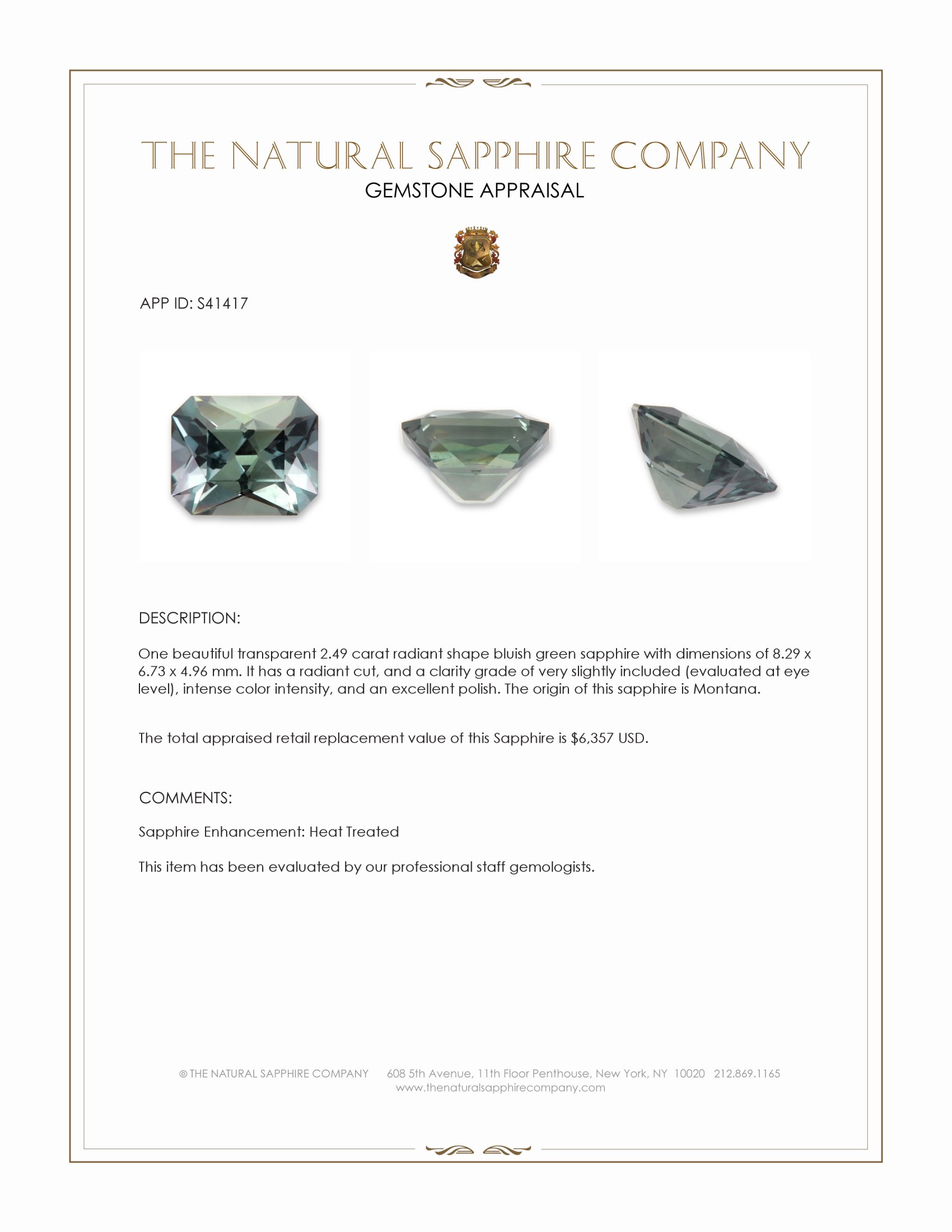 2.49 Ct. Bluish Green Sapphire from Montana