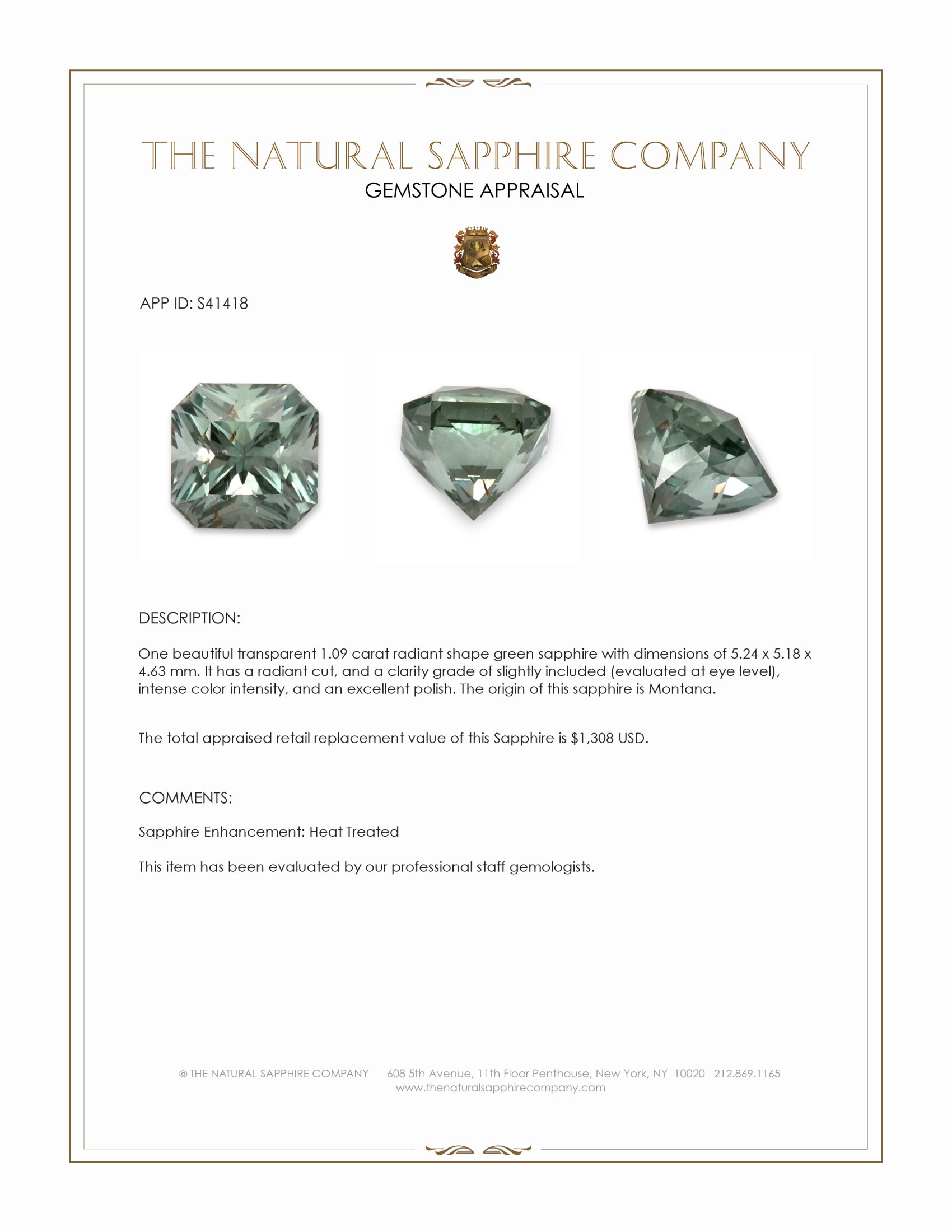 1.09 Ct. Green Sapphire from Montana