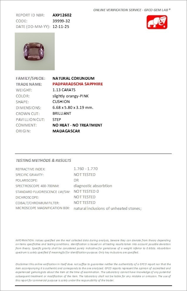 1.13 Ct. Padparadscha Sapphire from Madagascar