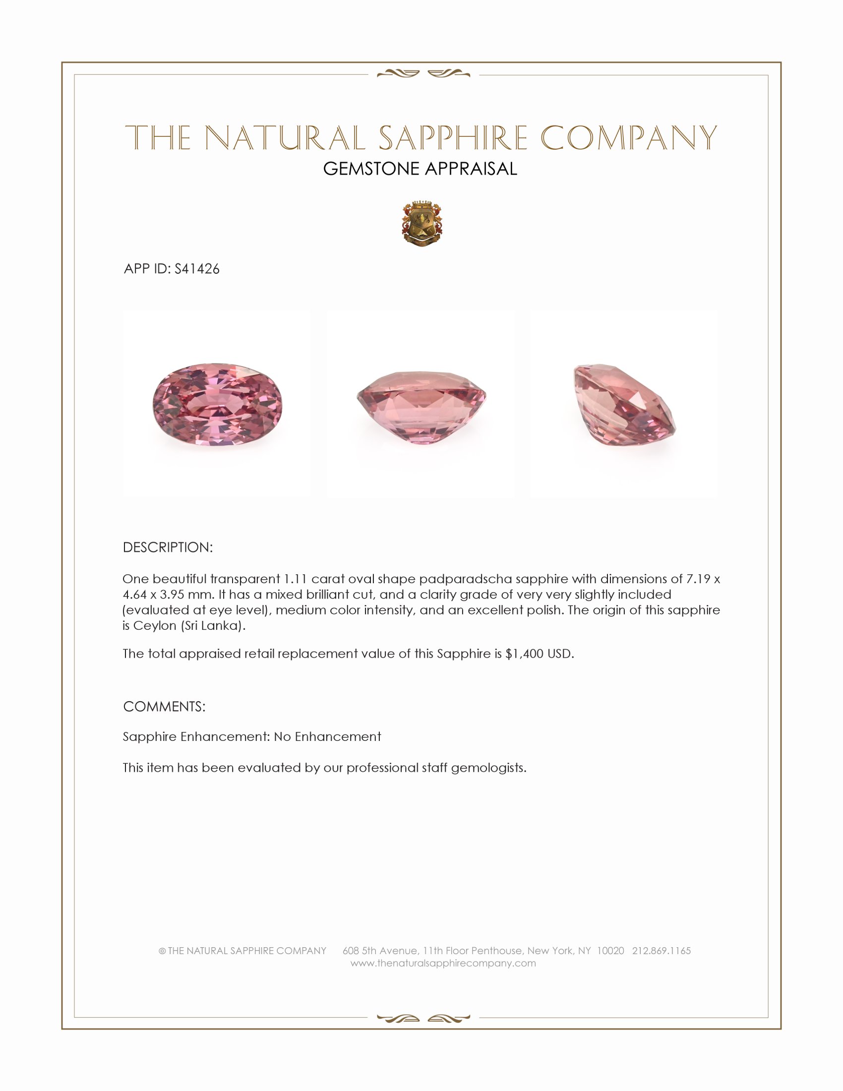 1.11 Ct. Padparadscha Sapphire from Ceylon (Sri Lanka)