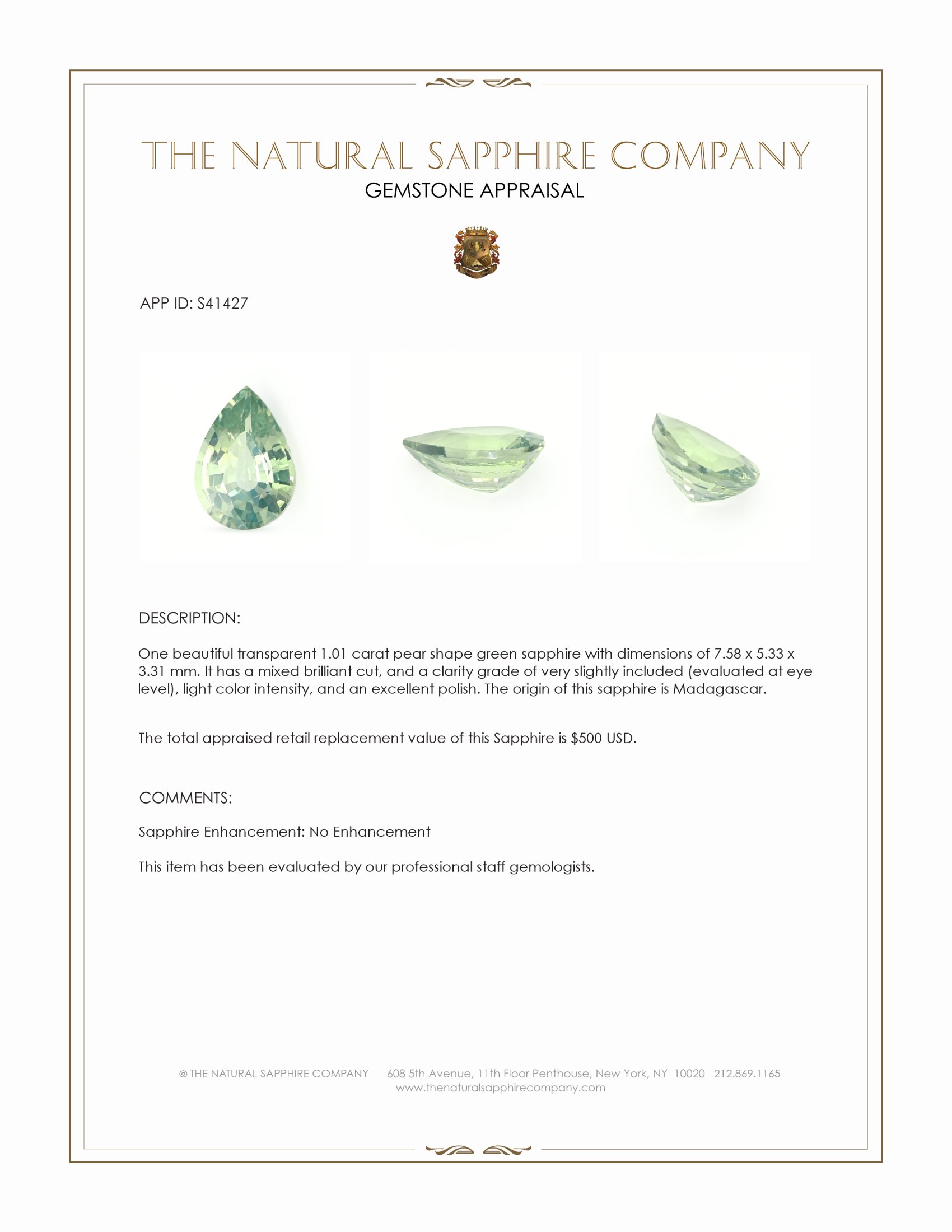 1.01 Ct. Green Sapphire from Madagascar
