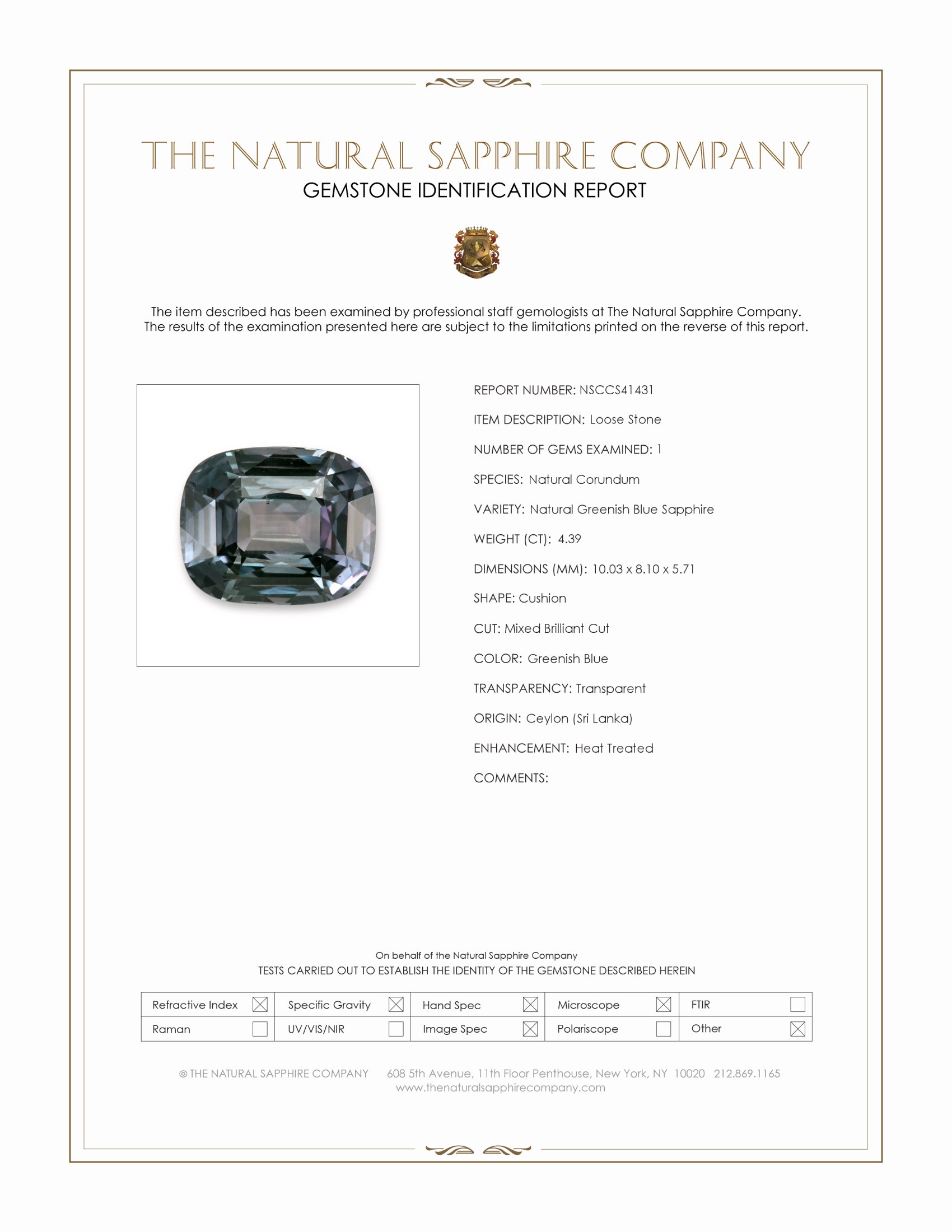 4.39 Ct. Greenish Blue Sapphire from Ceylon (Sri Lanka)