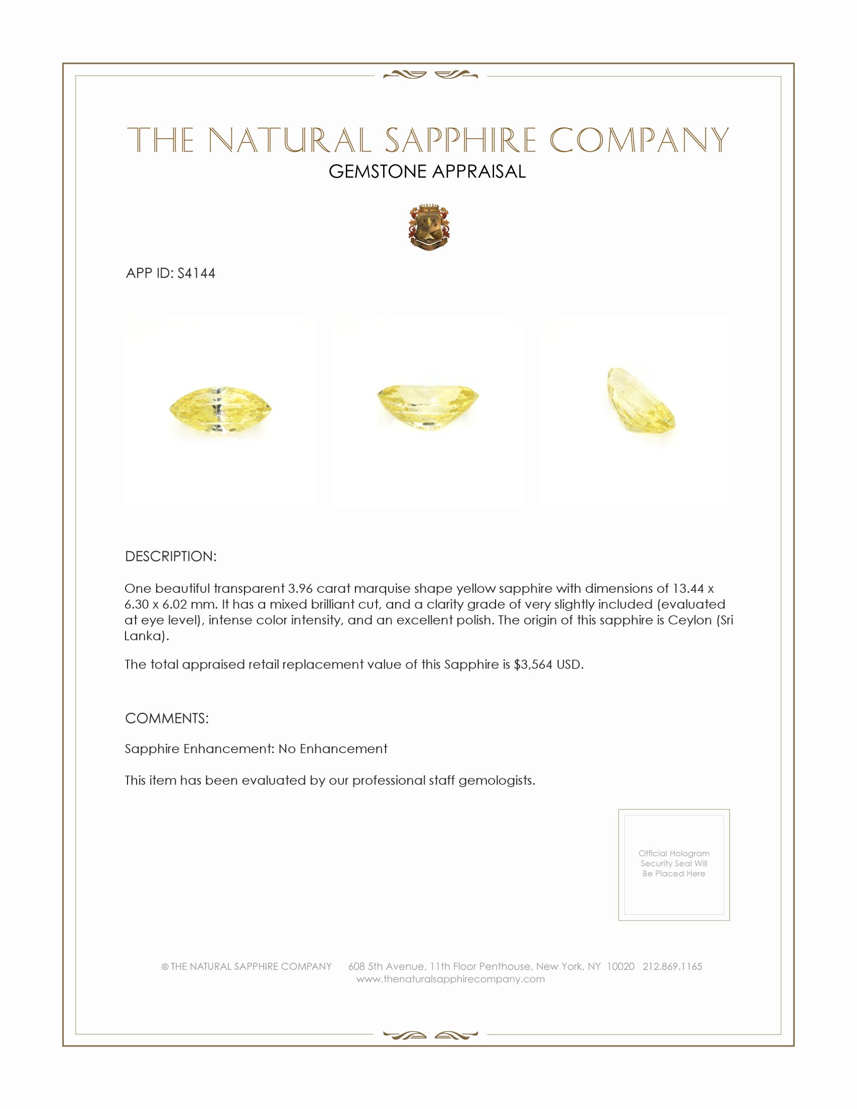 3.96 Ct. Yellow Sapphire from Ceylon (Sri Lanka)