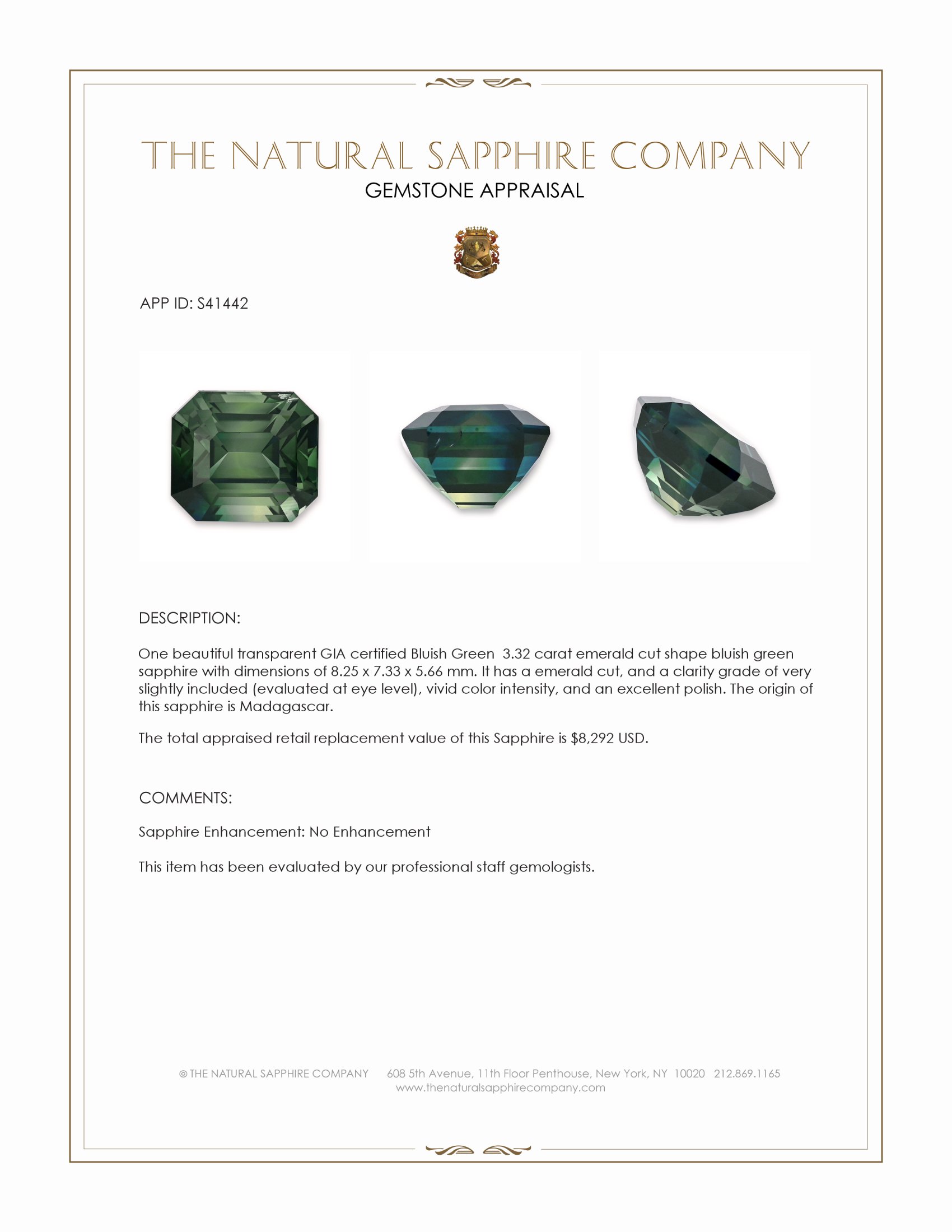 3.32 Ct. Bluish Green Sapphire from Madagascar
